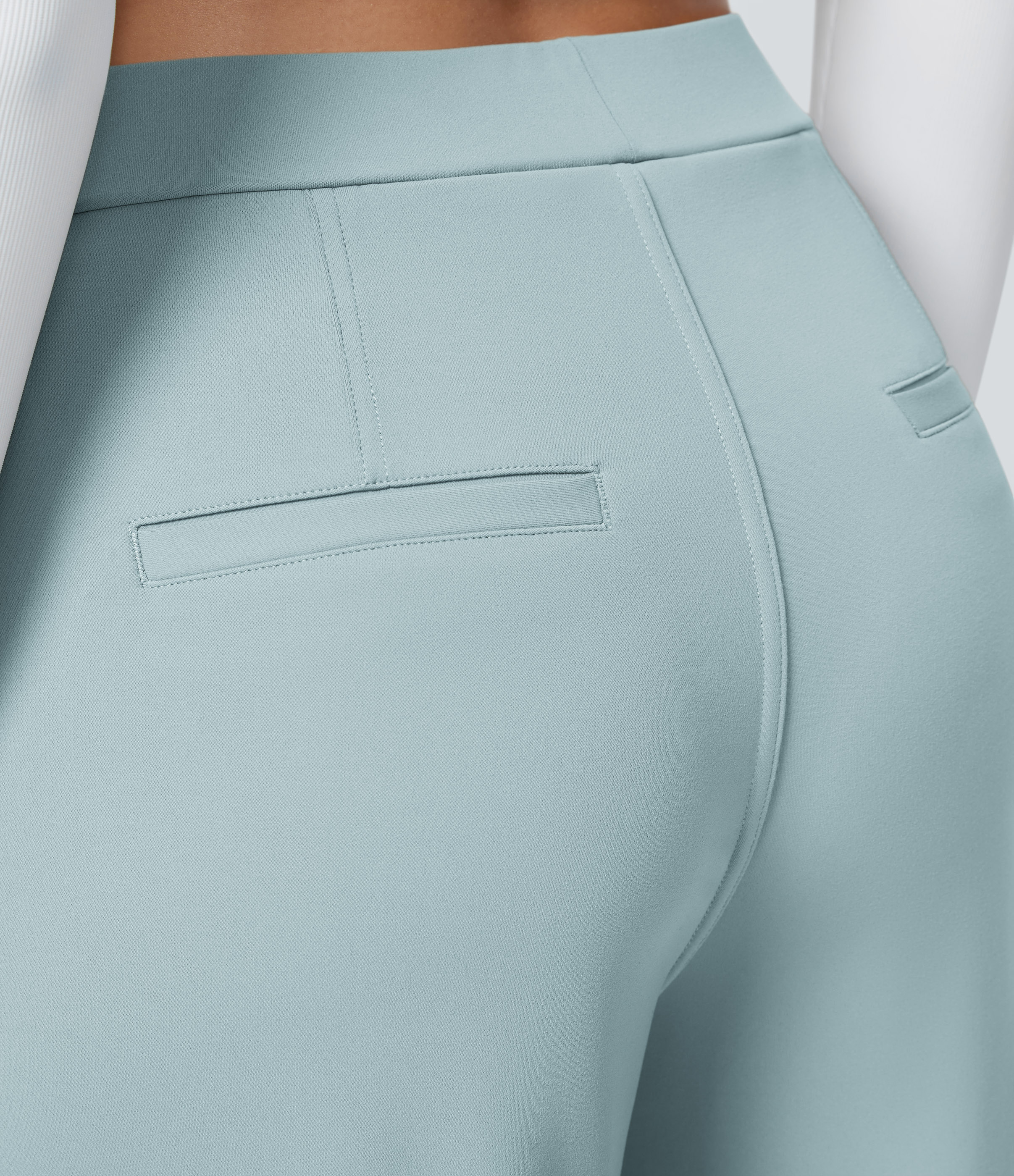 Baby Blue High Waisted Pleated Straight Leg Work Pants with Pockets - 4
