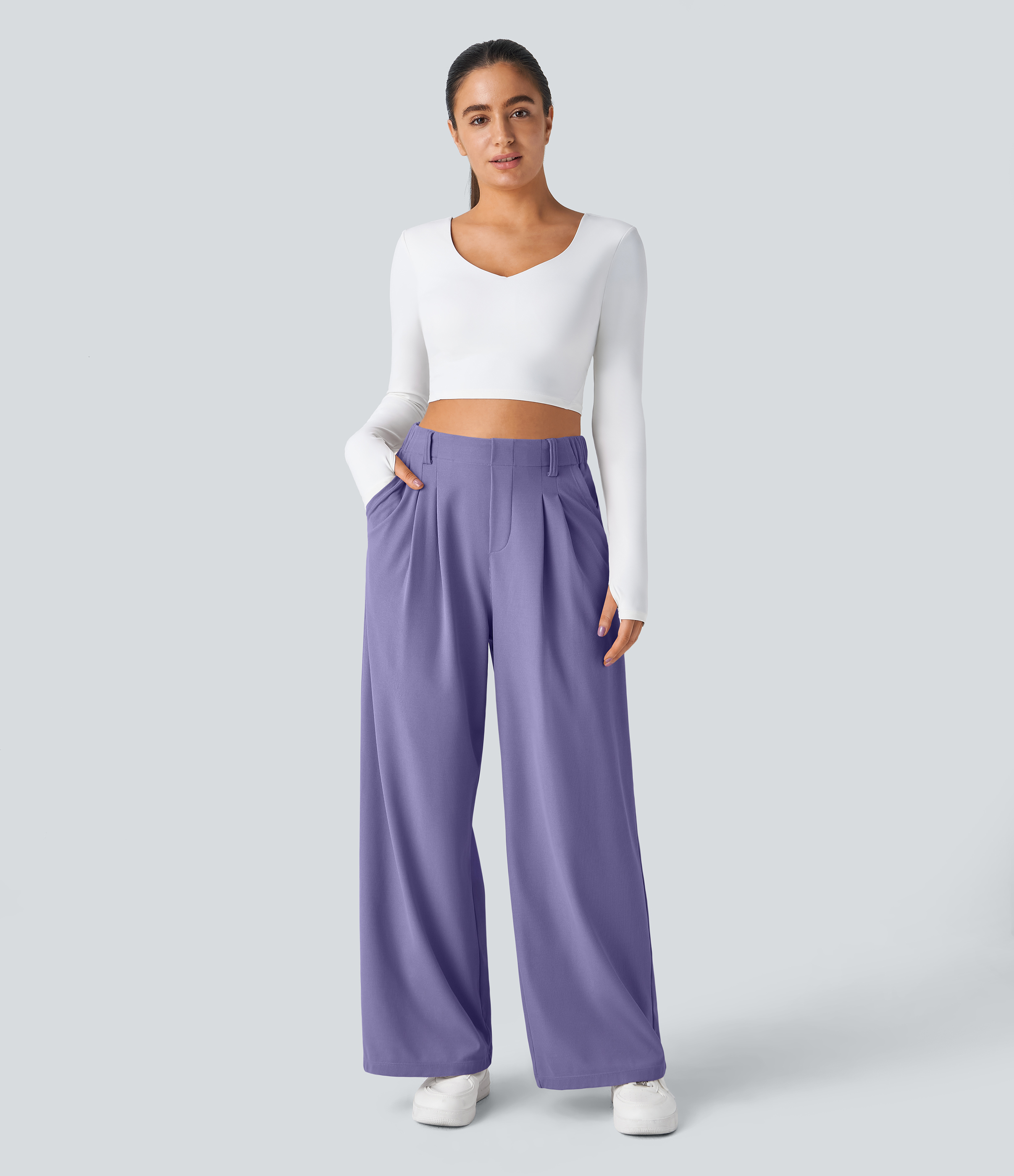 Mellow Purple High-Waisted Pleated Wide-Leg Waffle Work Pants with Pockets - 5