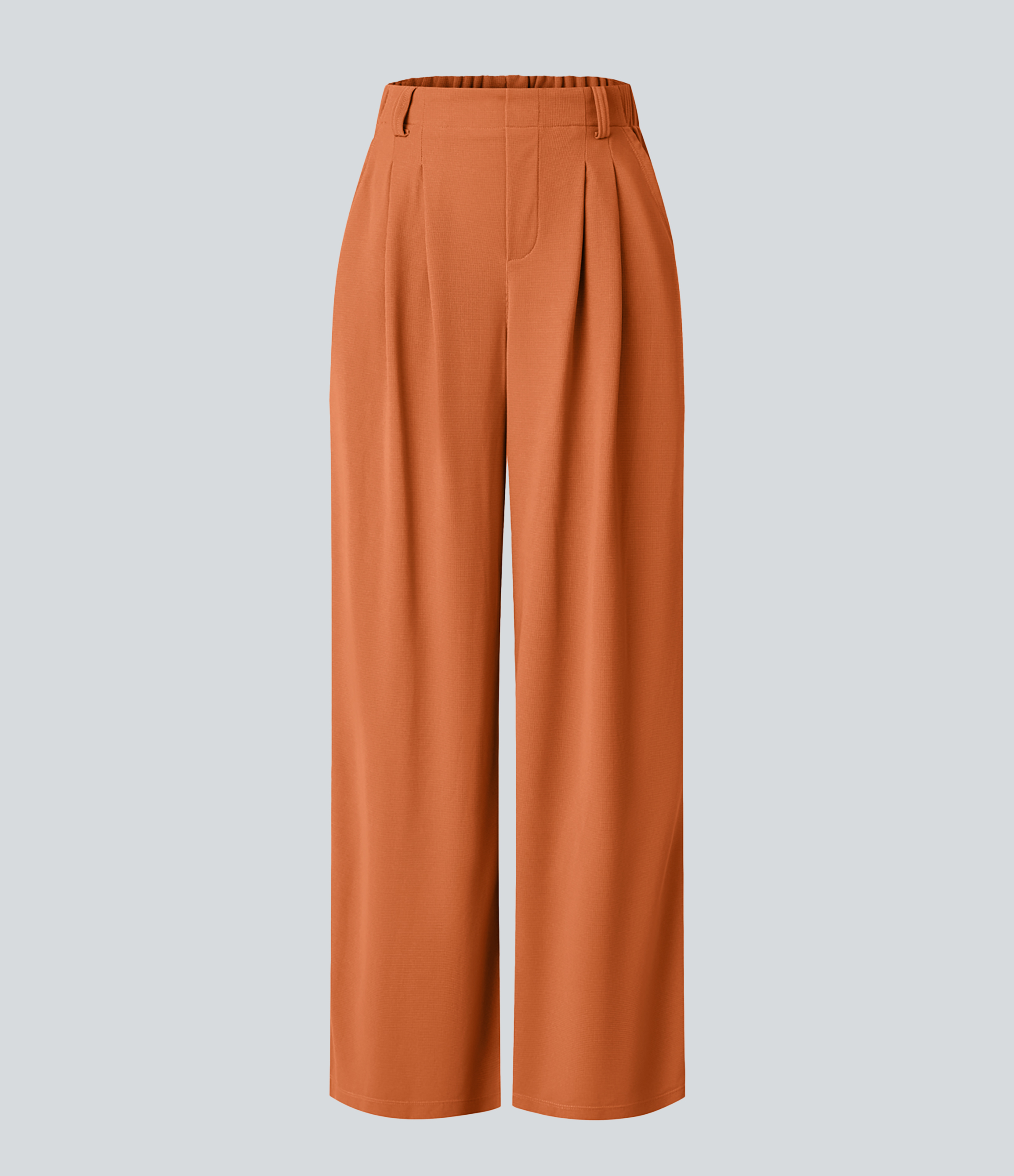 Apricot Orange High-Waisted Pleated Wide-Leg Waffle Work Pants with Pockets - 6