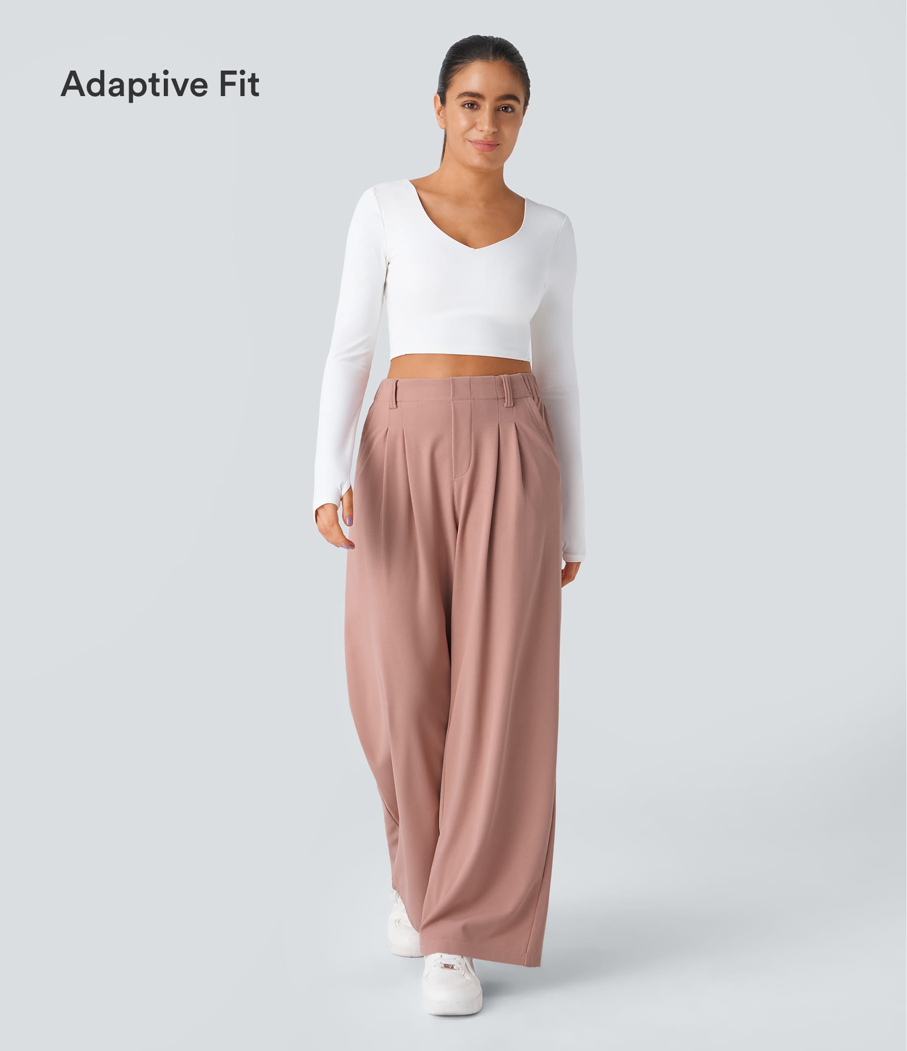 Rose Tan High-Waisted Pleated Wide-Leg Waffle Work Pants with Pockets - 7