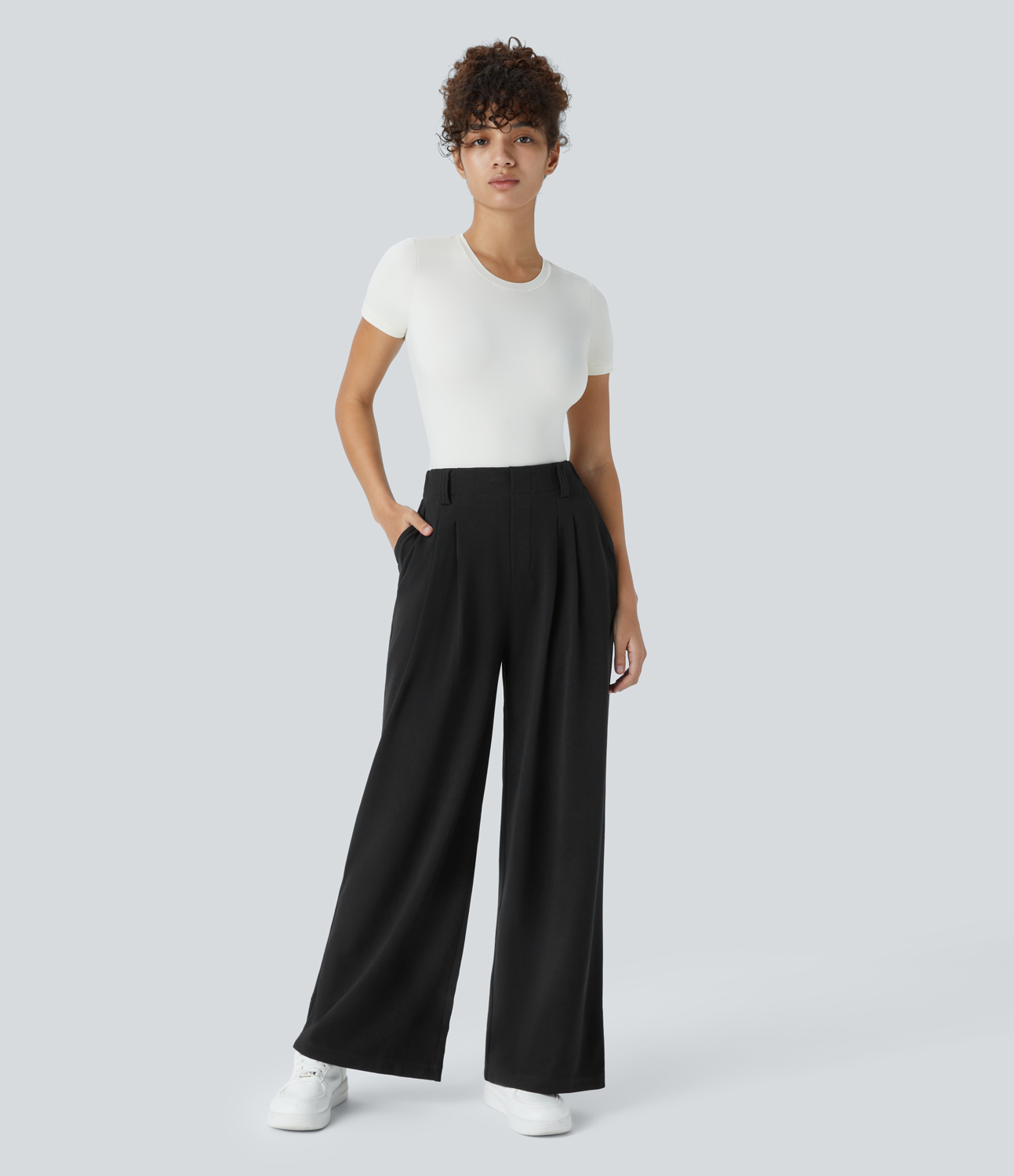 Black High-Waisted Pleated Wide-Leg Waffle Work Pants with Pockets - 6