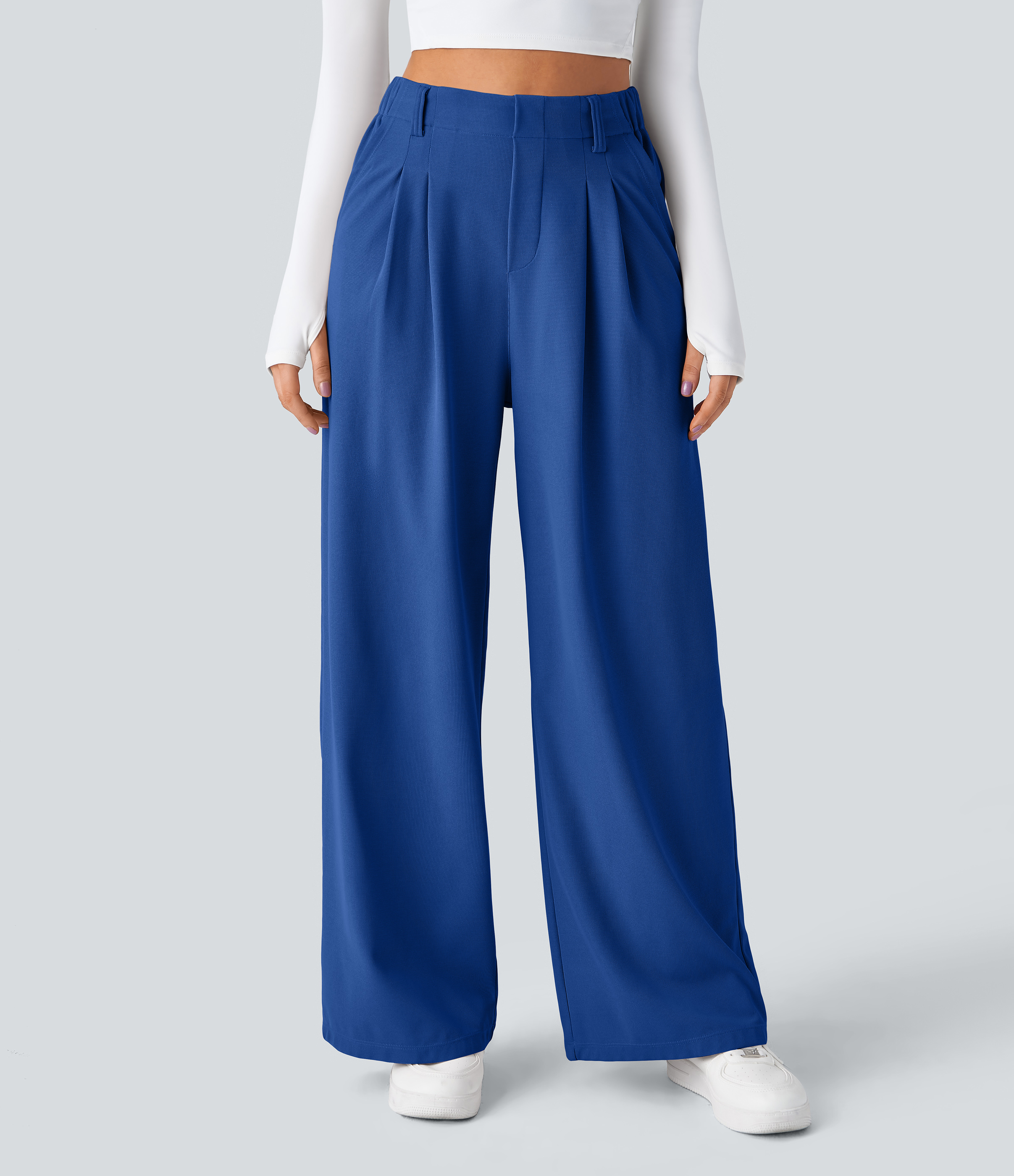 Deep Sapphire Blue High-Waisted Pleated Wide-Leg Waffle Work Pants with Pockets - 3