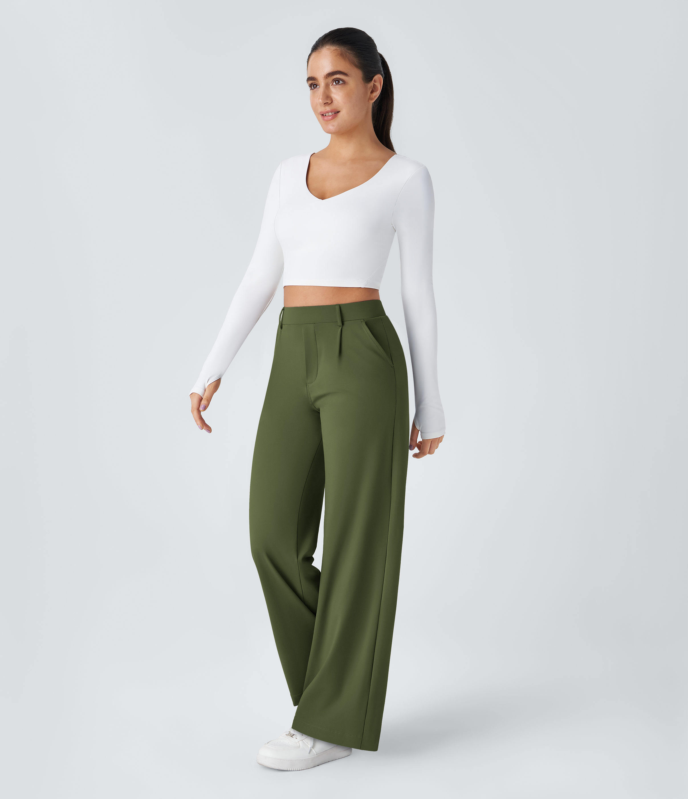 Chive High Waisted Pleated Straight Leg Work Pants with Pockets - 6