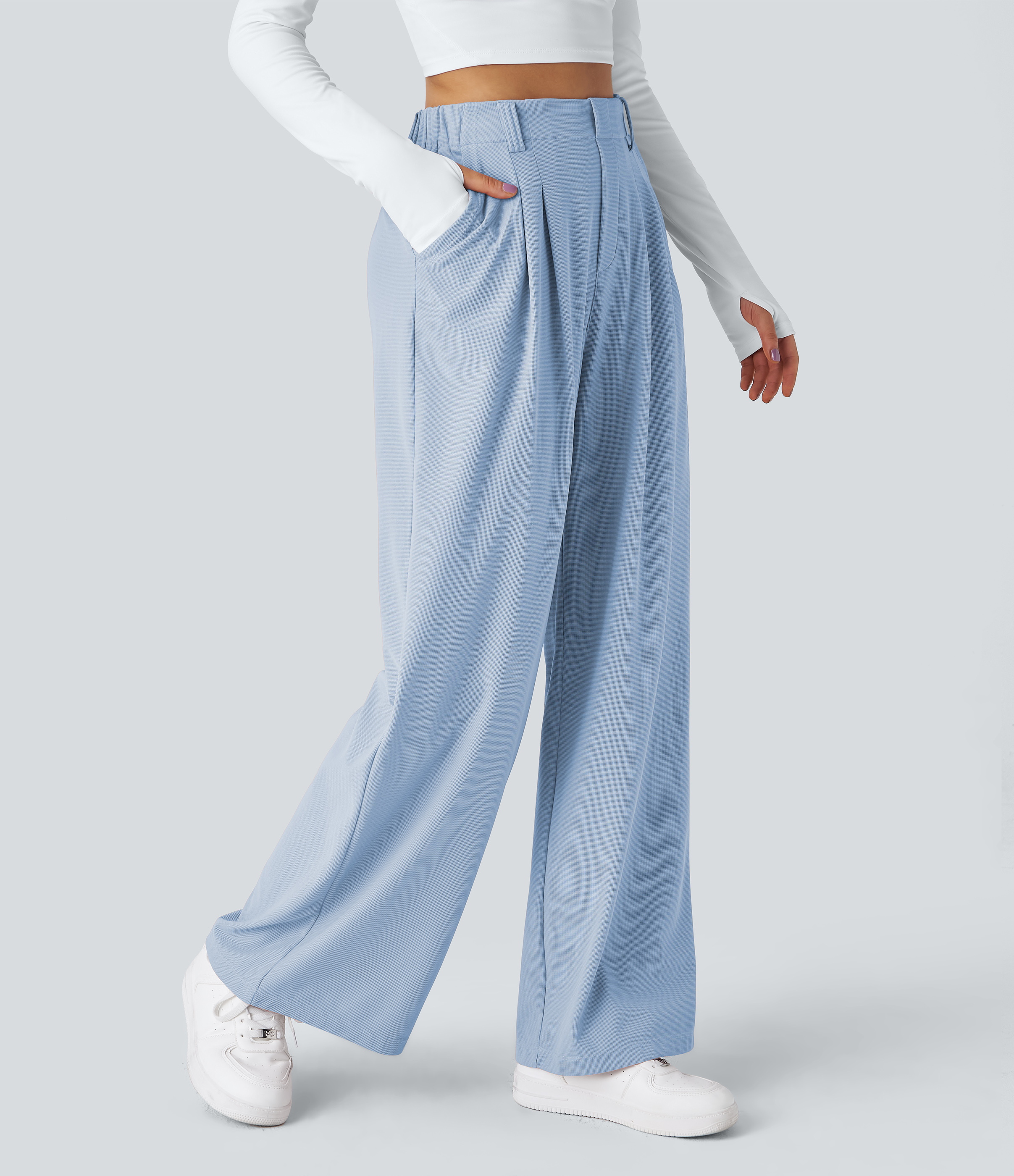 Omphalodes High-Waisted Pleated Wide-Leg Waffle Work Pants with Pockets - 1