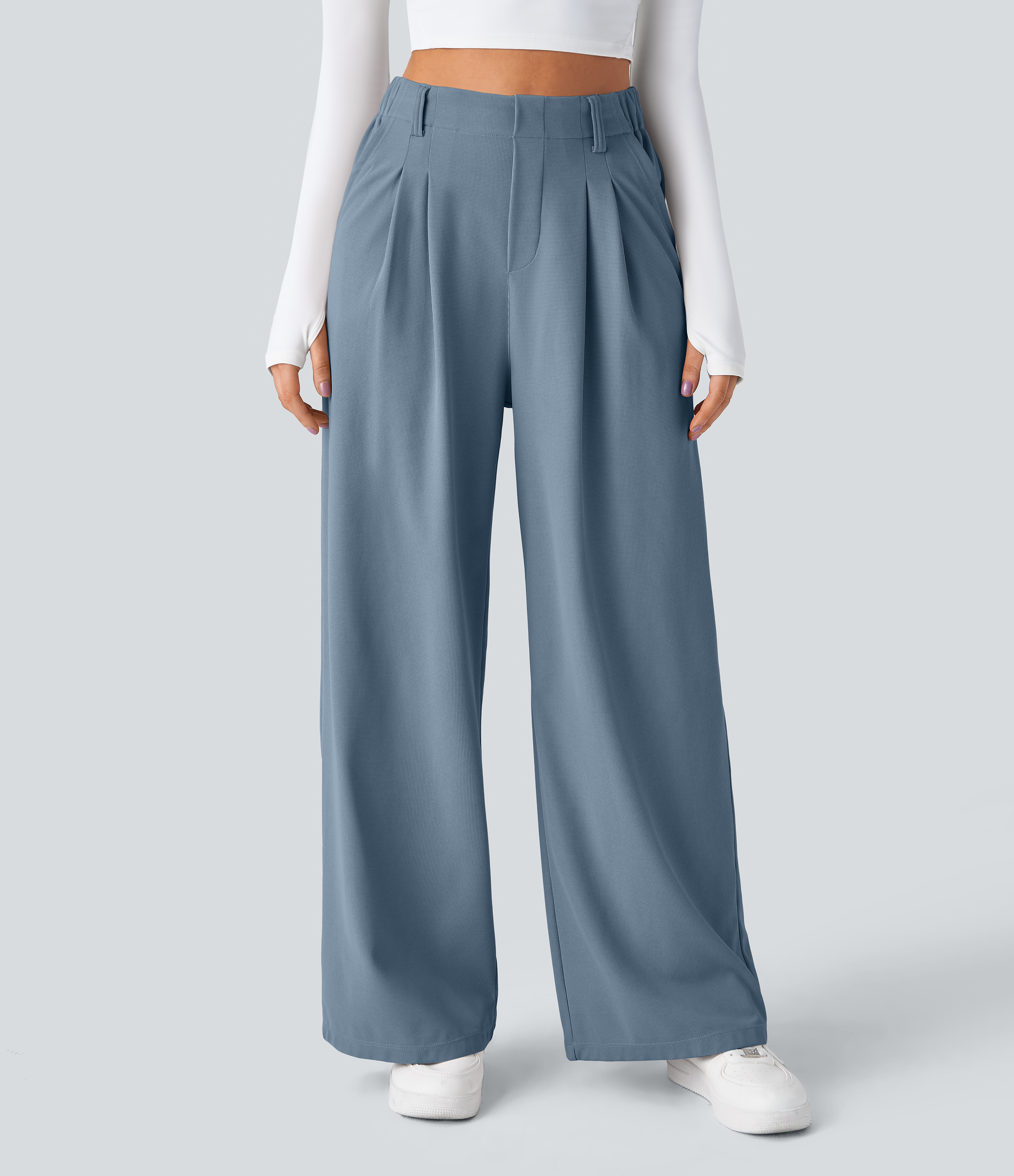 Mountain Spring High-Waisted Pleated Wide-Leg Waffle Work Pants with Pockets - 3