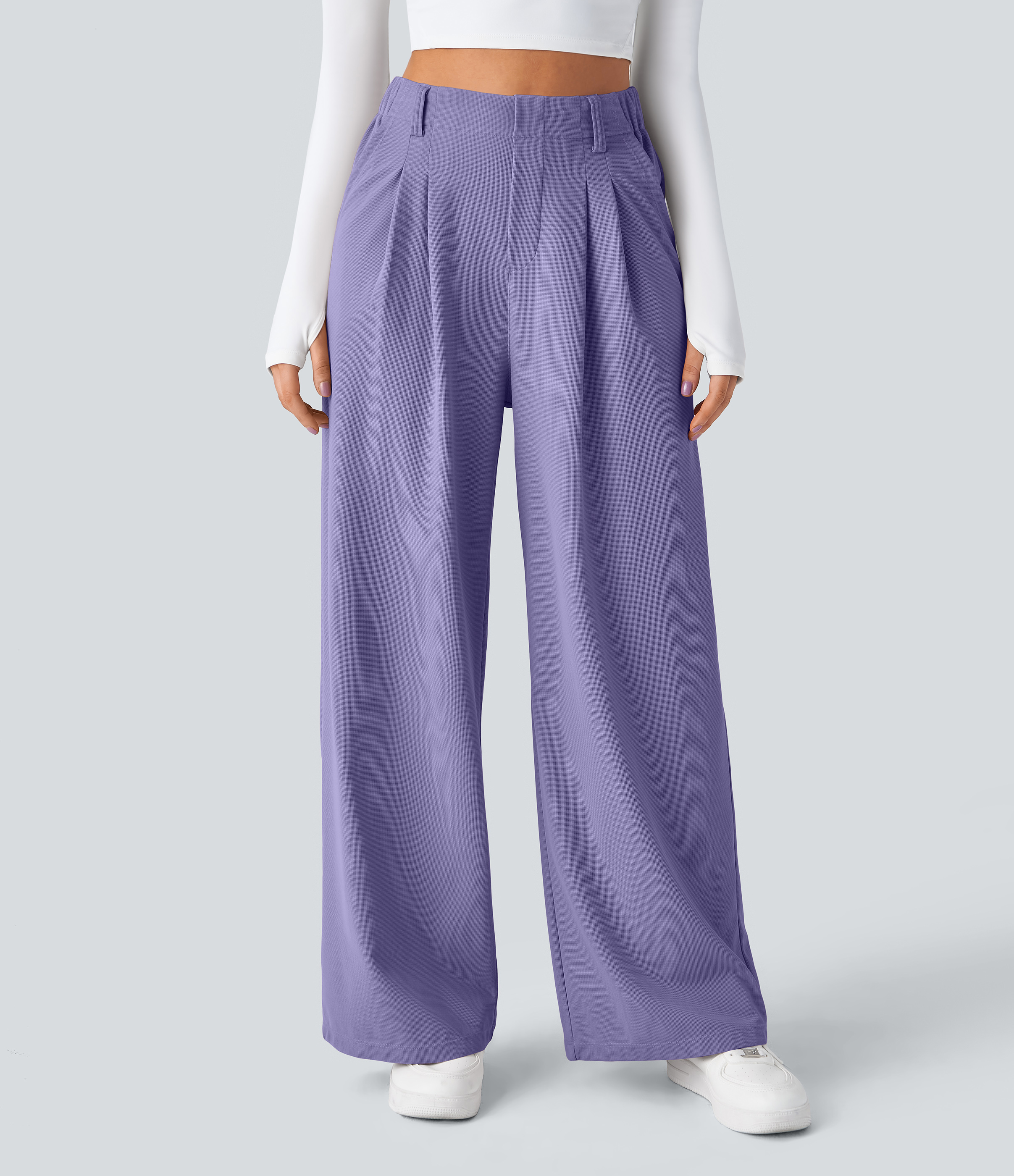 Mellow Purple High-Waisted Pleated Wide-Leg Waffle Work Pants with Pockets - 3