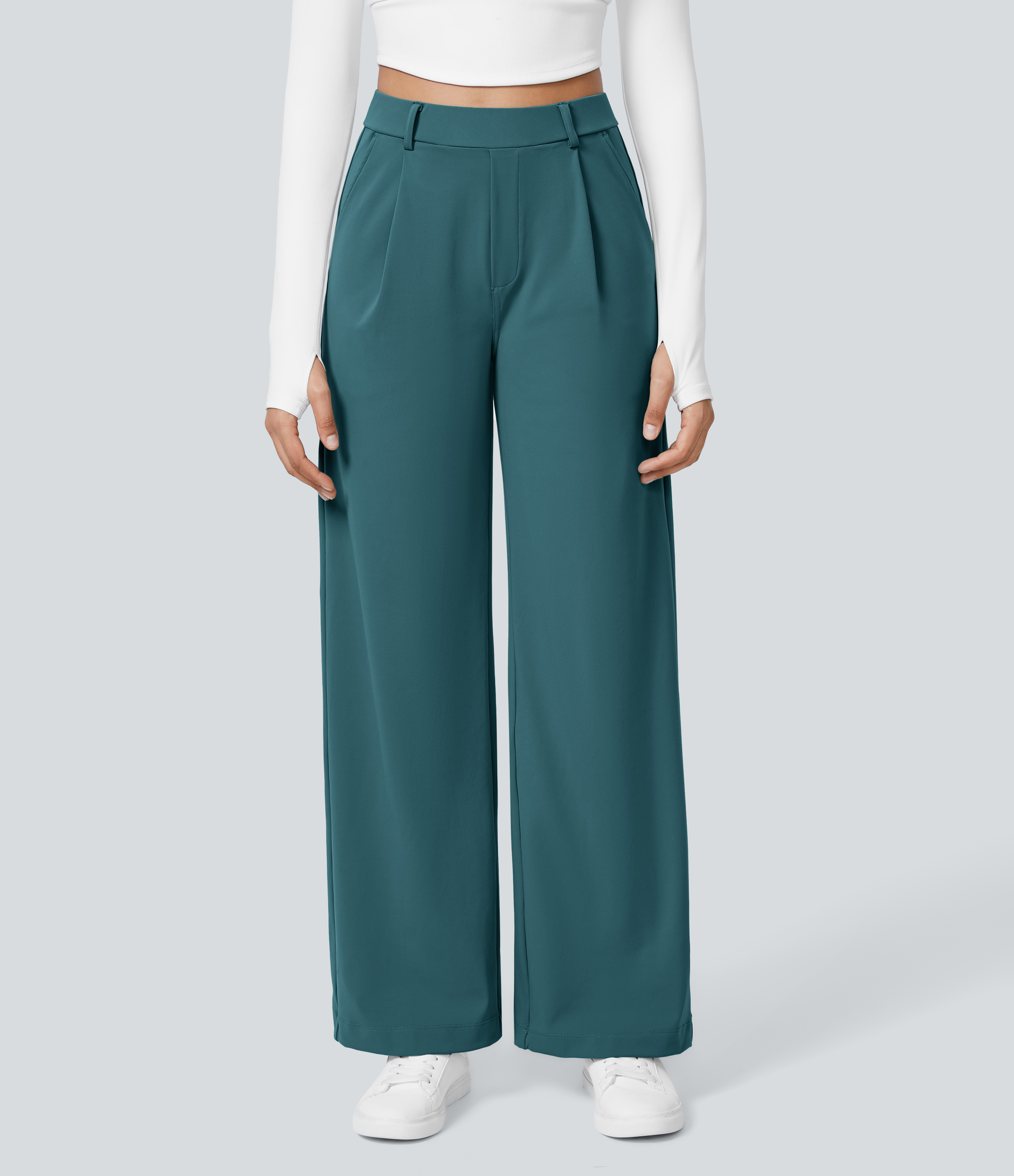 Atlantic Deep High Waisted Pleated Straight Leg Work Pants with Pockets - 2