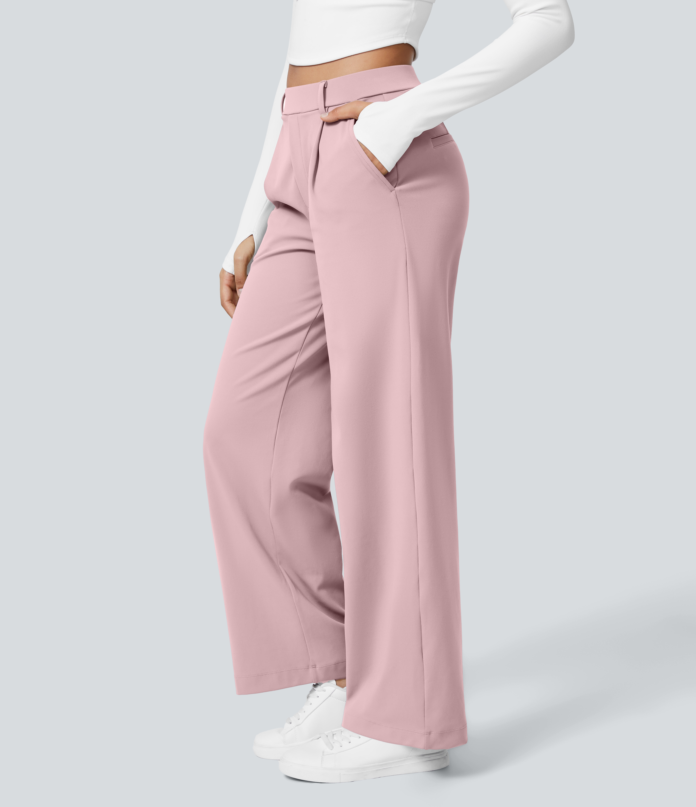 Primrose Pink High Waisted Pleated Straight Leg Work Pants with Pockets - 3