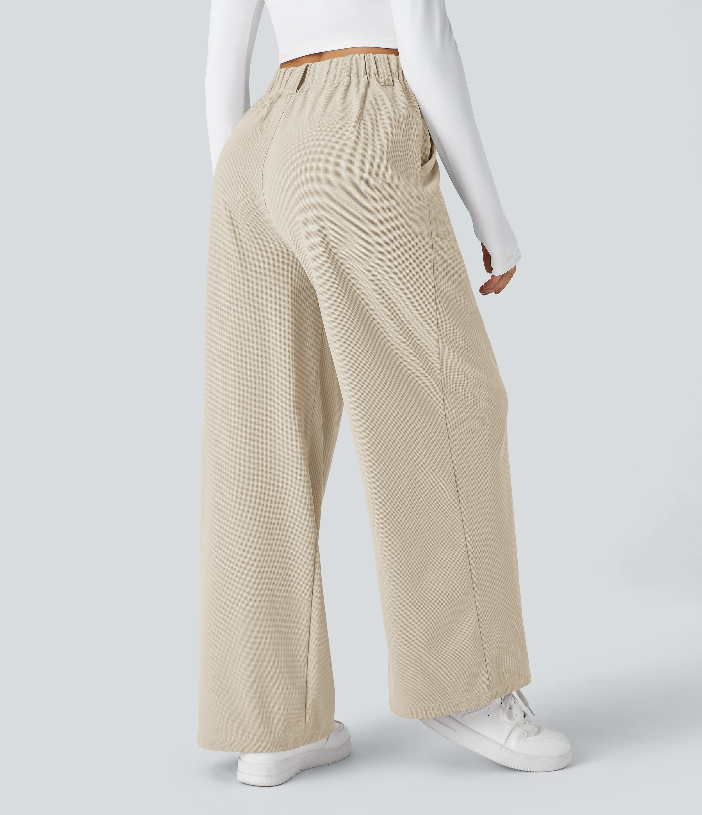 Oat Milk High-Waisted Pleated Wide-Leg Waffle Work Pants with Pockets - 2