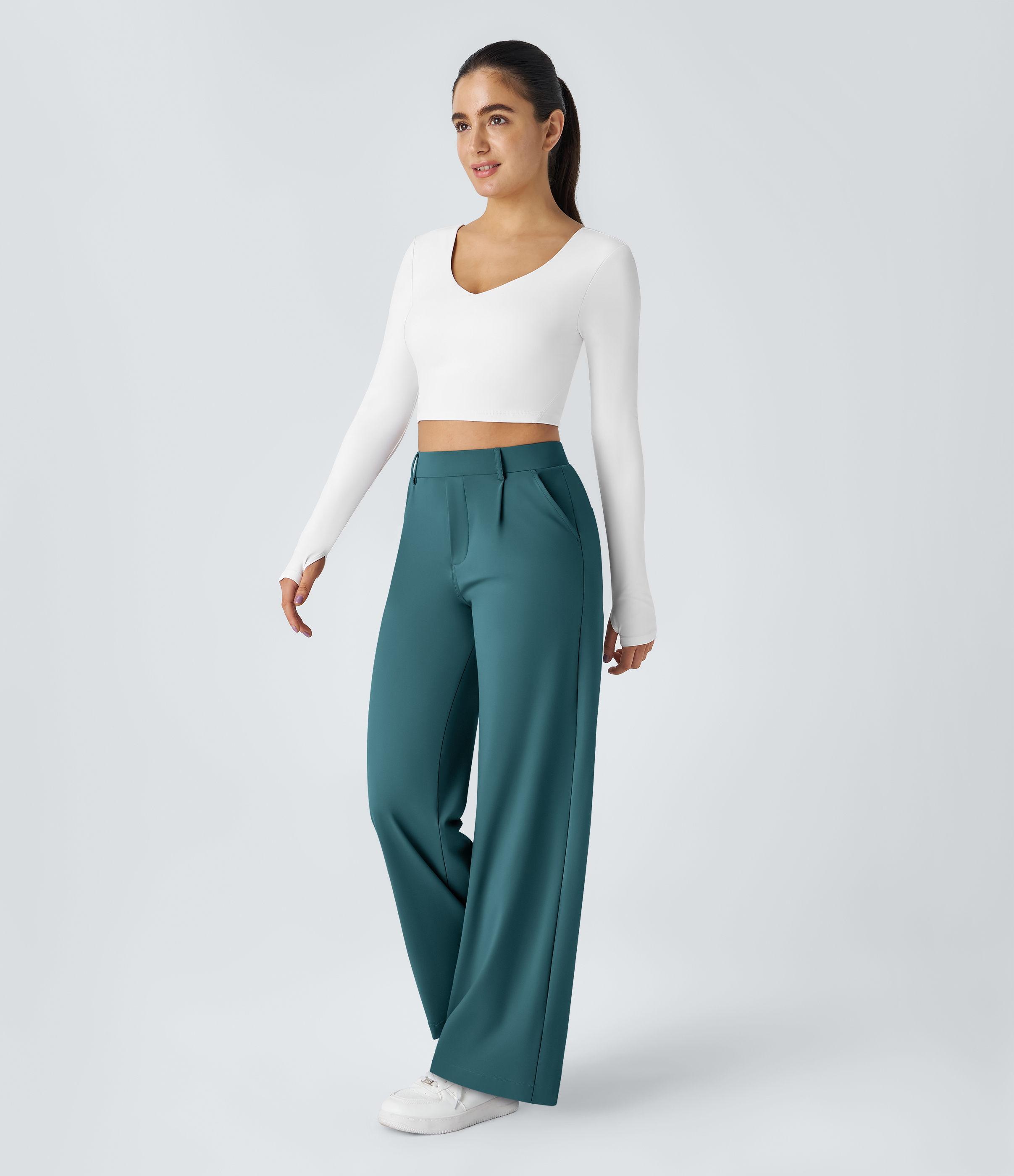 Atlantic Deep High Waisted Pleated Straight Leg Work Pants with Pockets - 6