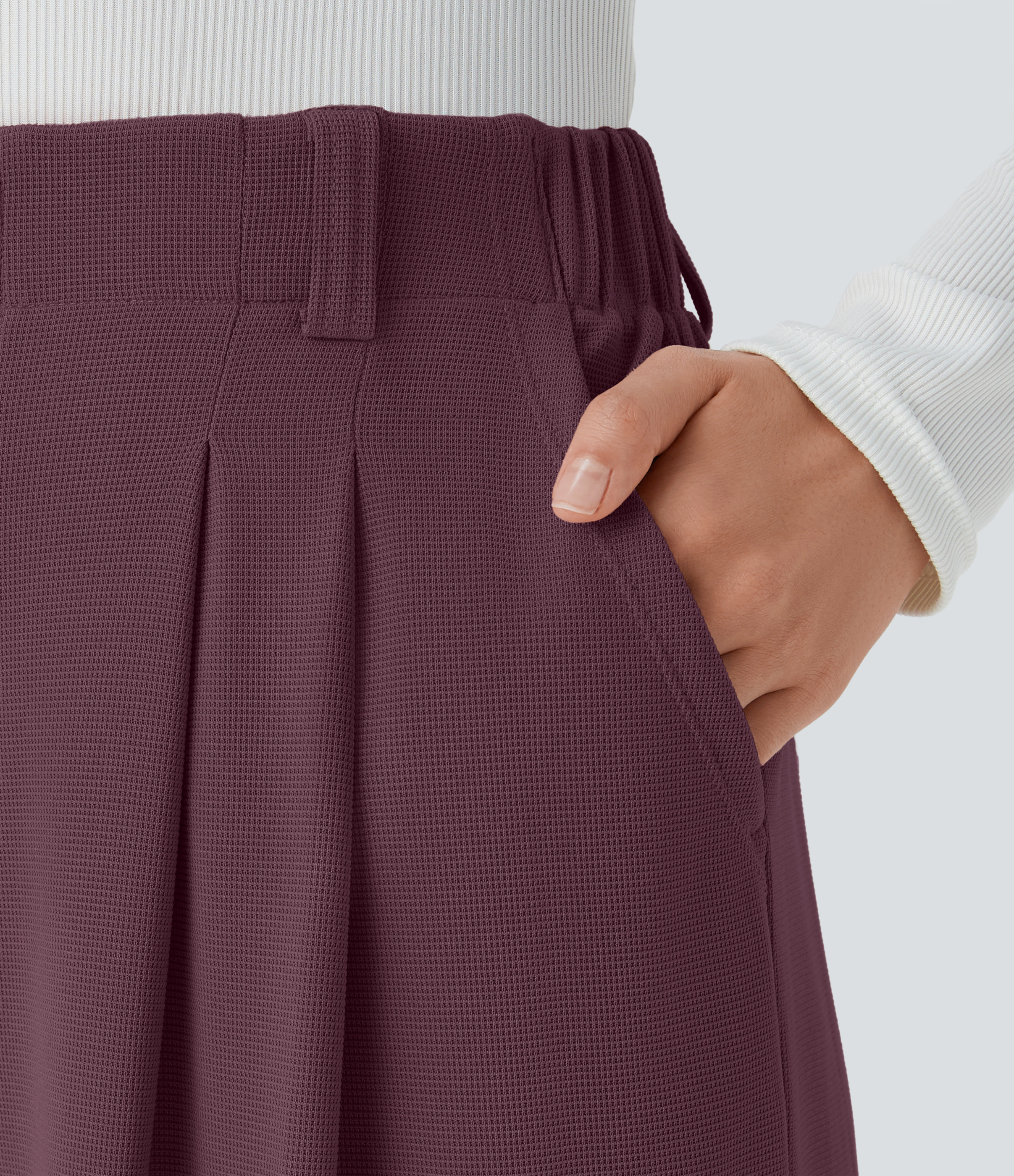 Plum Wine High-Waisted Pleated Wide-Leg Waffle Work Pants with Pockets - 4