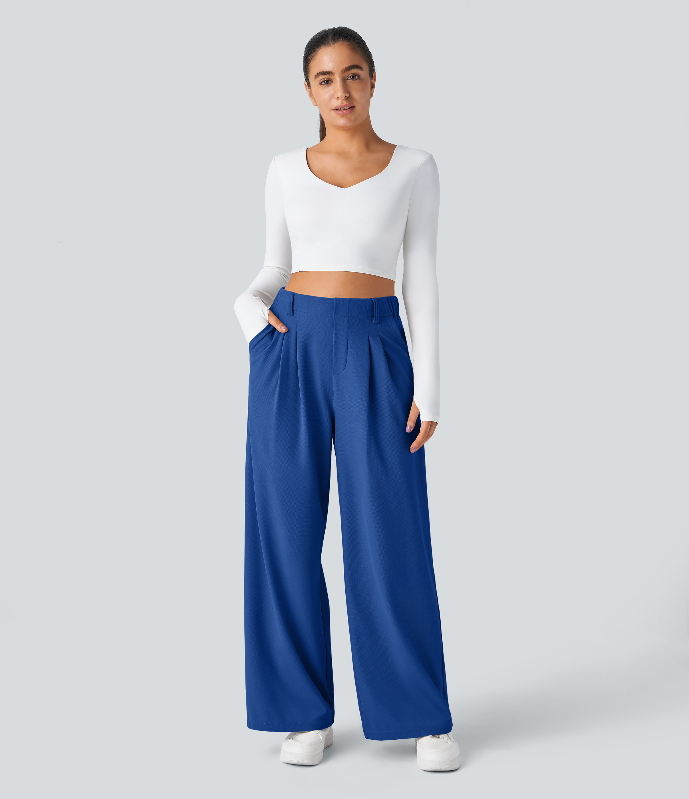 Deep Sapphire Blue High-Waisted Pleated Wide-Leg Waffle Work Pants with Pockets - 4