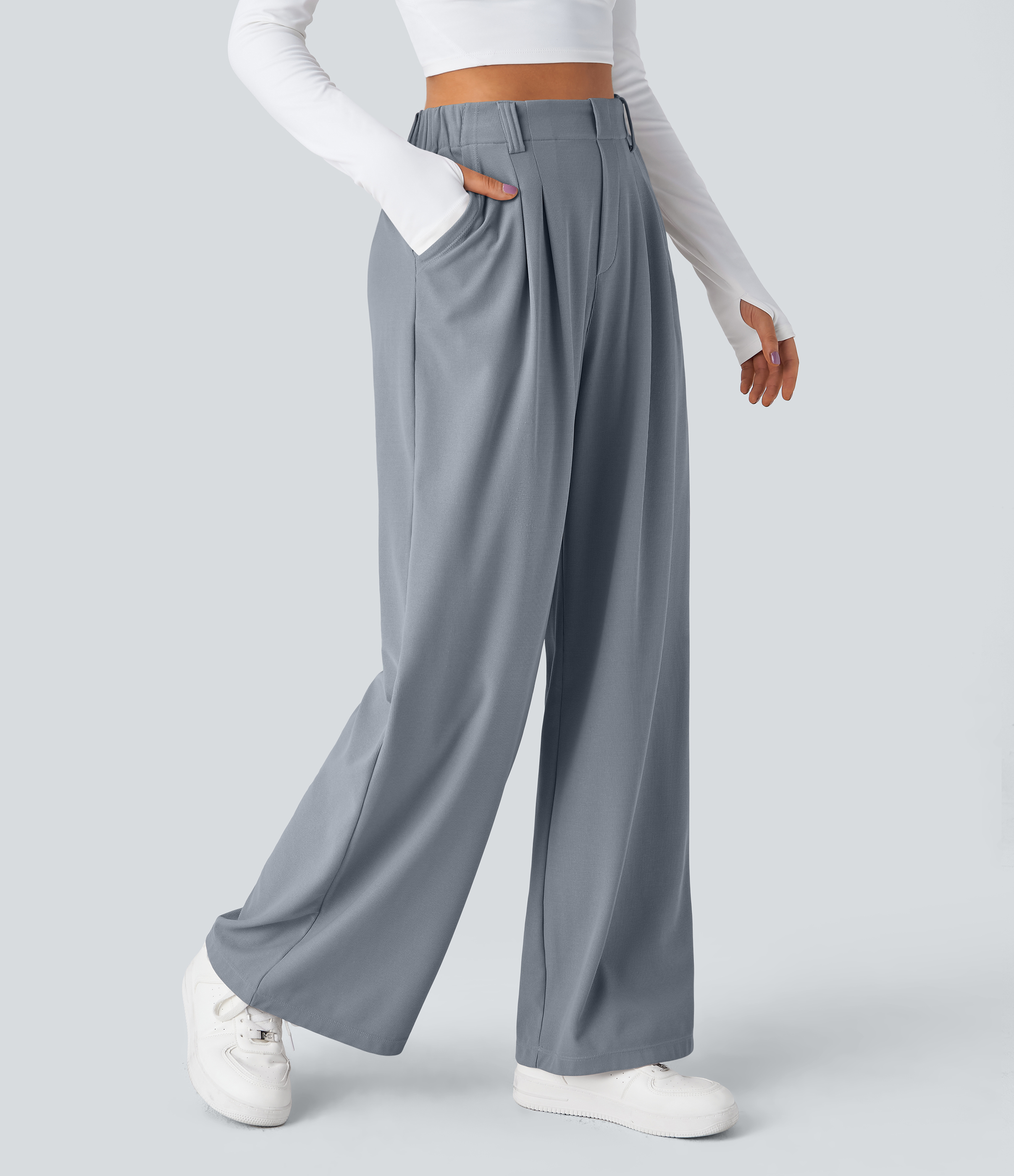 Weathervane High-Waisted Pleated Wide-Leg Waffle Work Pants with Pockets - 1