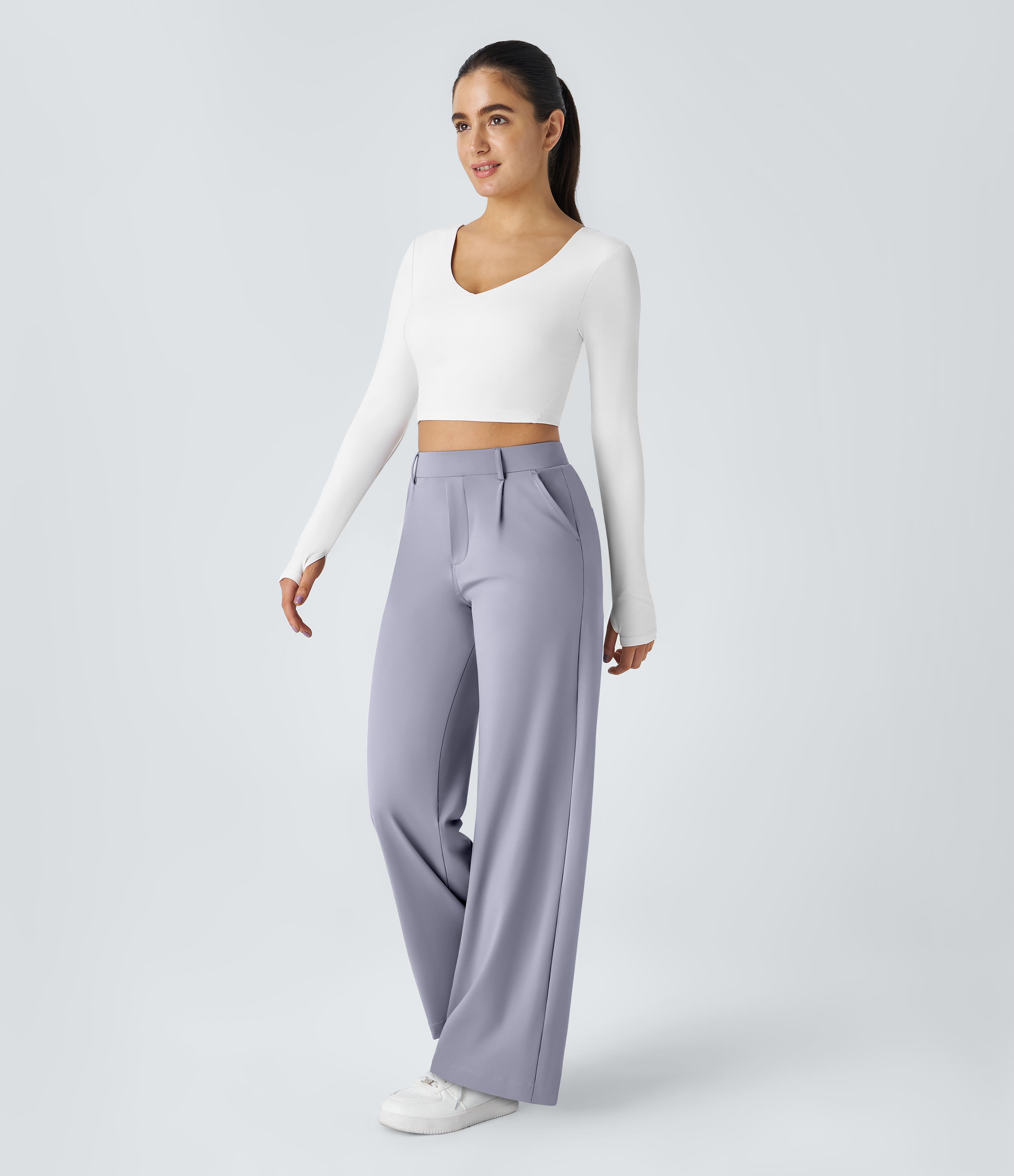 Icelandic Blue High Waisted Pleated Straight Leg Work Pants with Pockets - 6