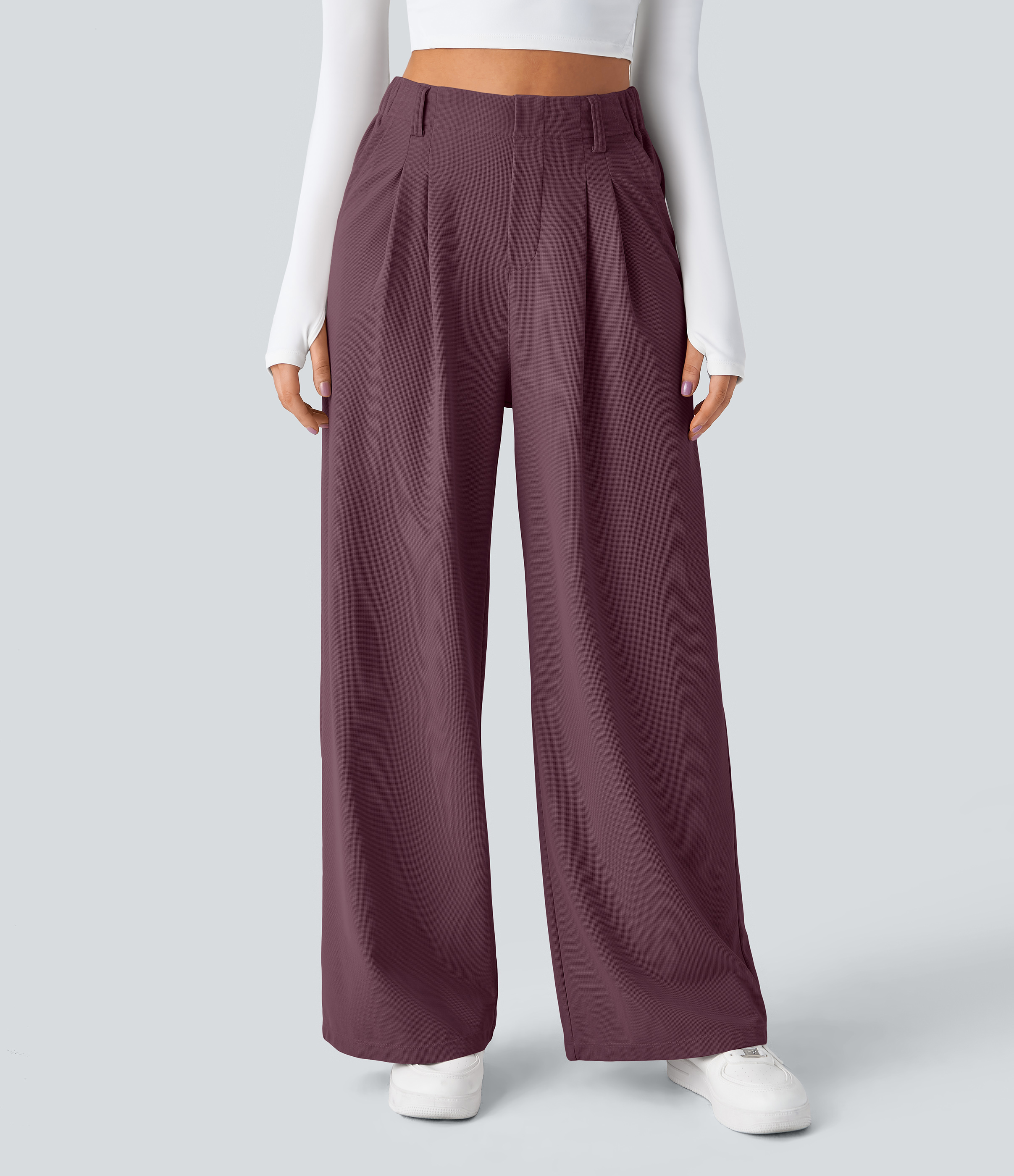 Plum Wine High-Waisted Pleated Wide-Leg Waffle Work Pants with Pockets - 3