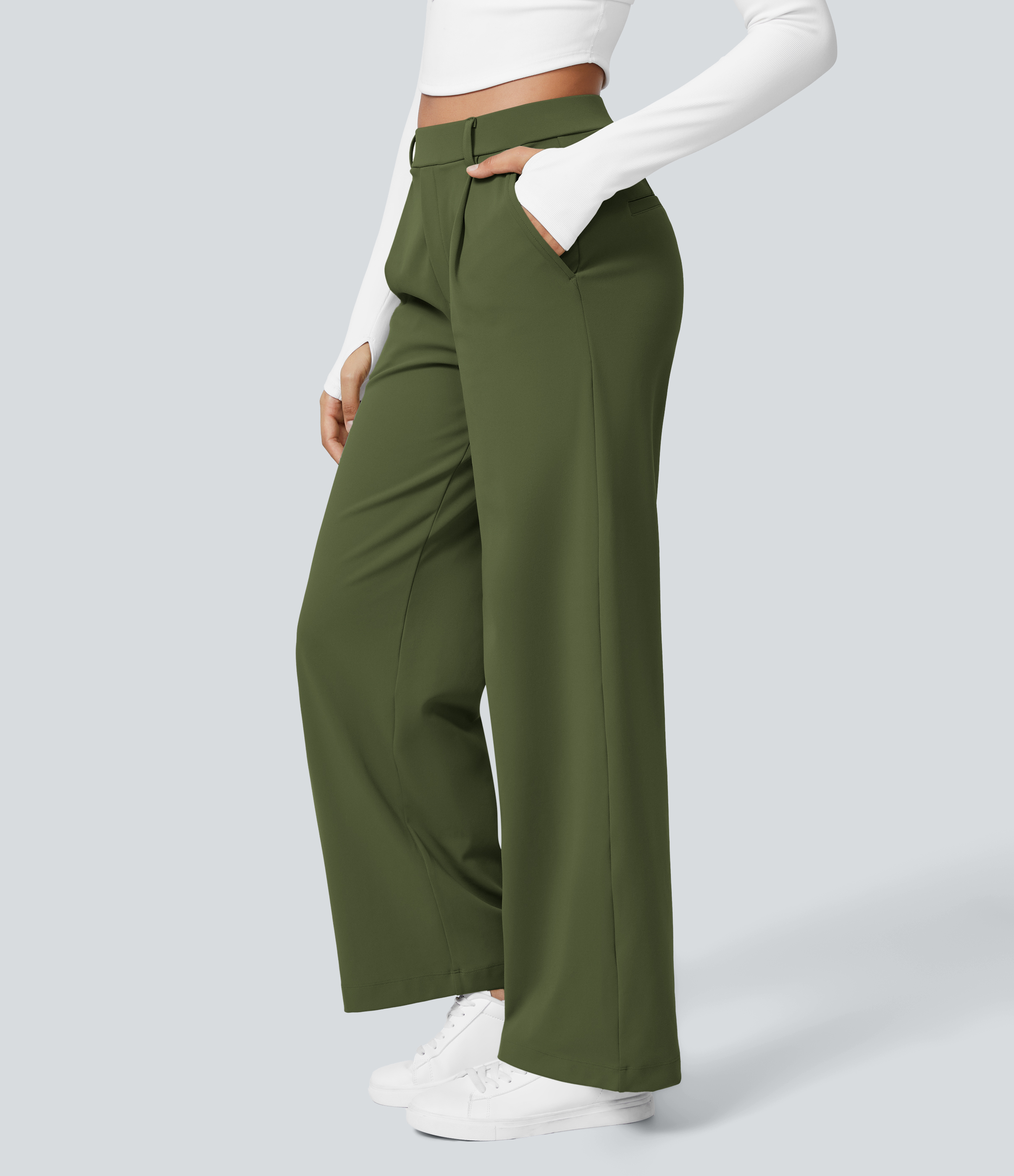 Chive High Waisted Pleated Straight Leg Work Pants with Pockets - 3