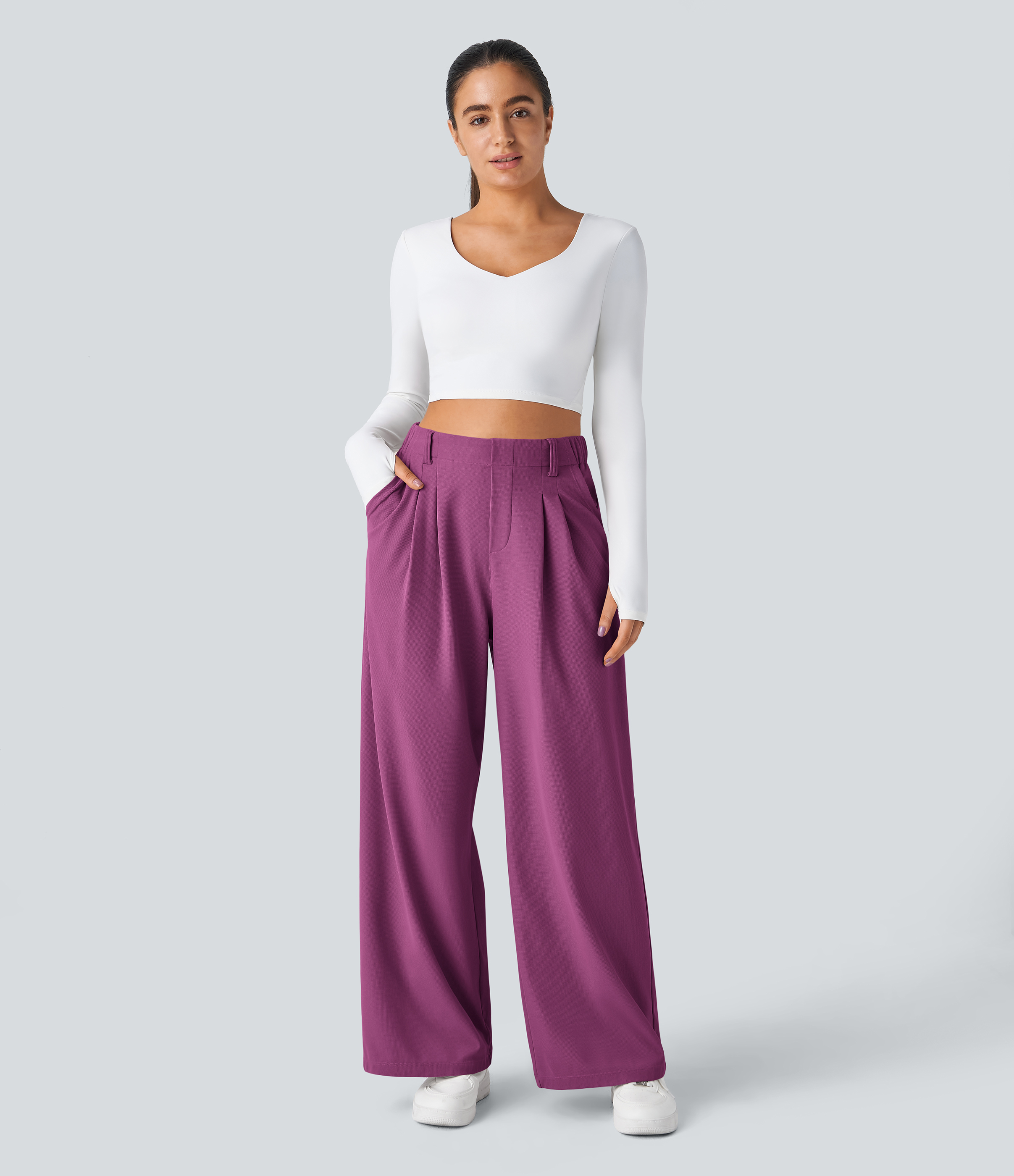 Meadow Mauve High-Waisted Pleated Wide-Leg Waffle Work Pants with Pockets - 5