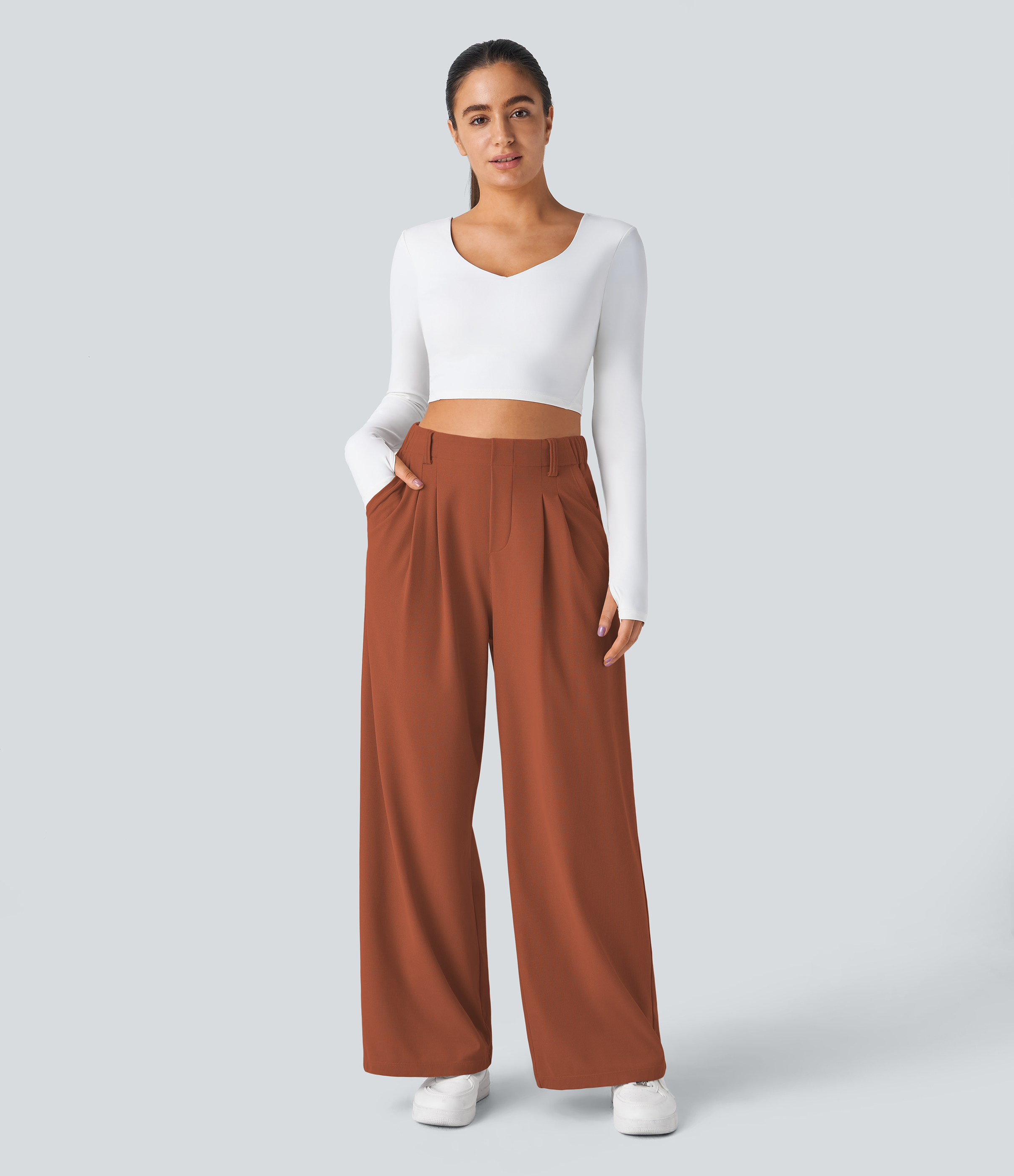 Picante High-Waisted Pleated Wide-Leg Waffle Work Pants with Pockets - 5