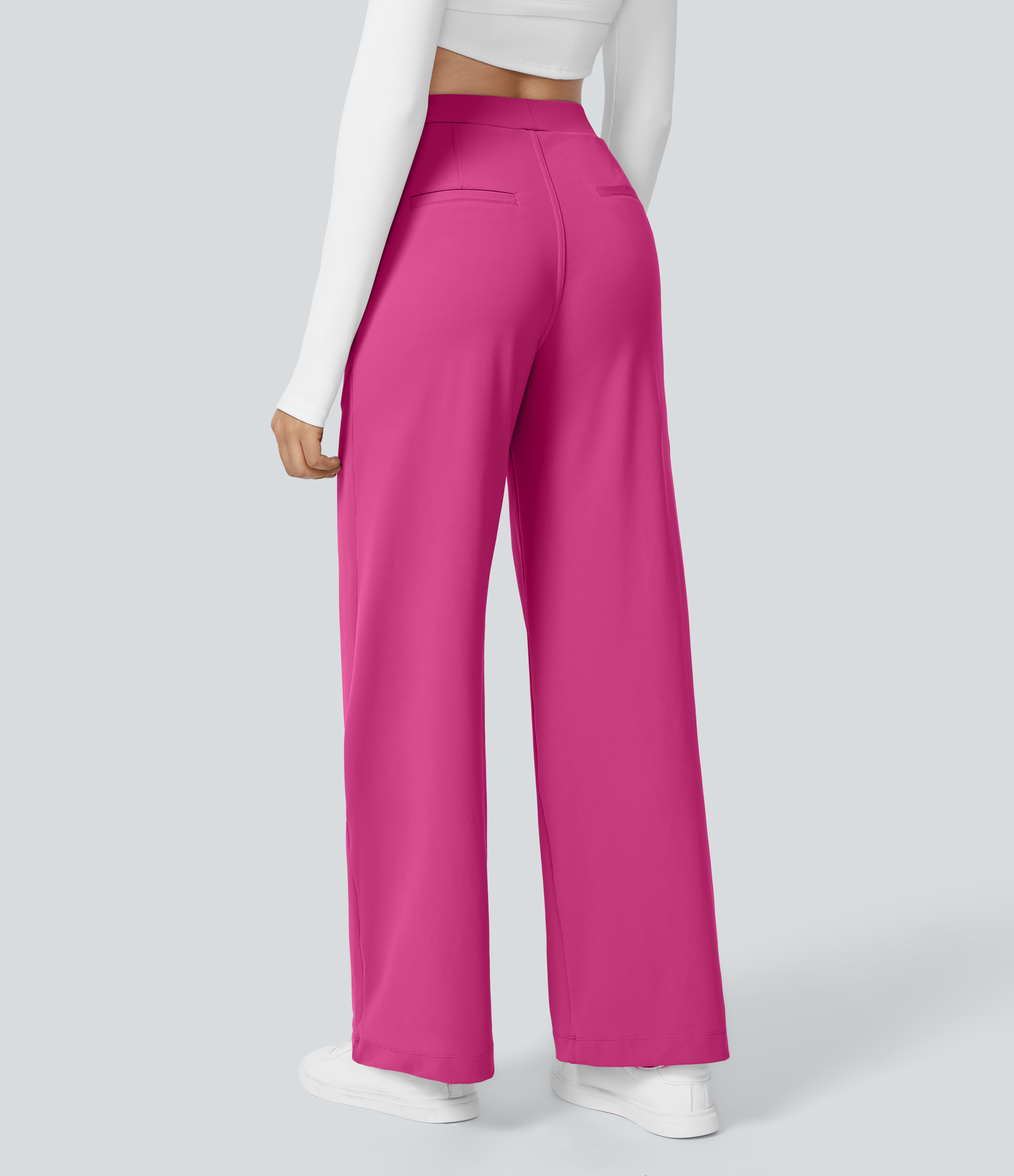 Raspberry Rose High Waisted Pleated Straight Leg Work Pants with Pockets - 1