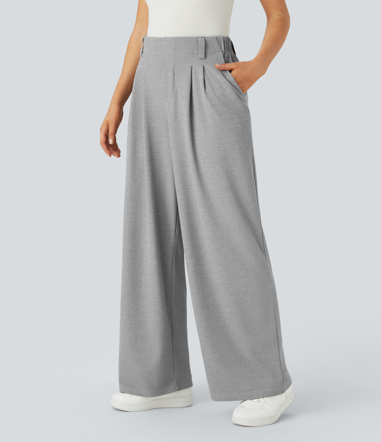 Waffle Gray High-Waisted Pleated Wide-Leg Waffle Work Pants with Pockets - 3