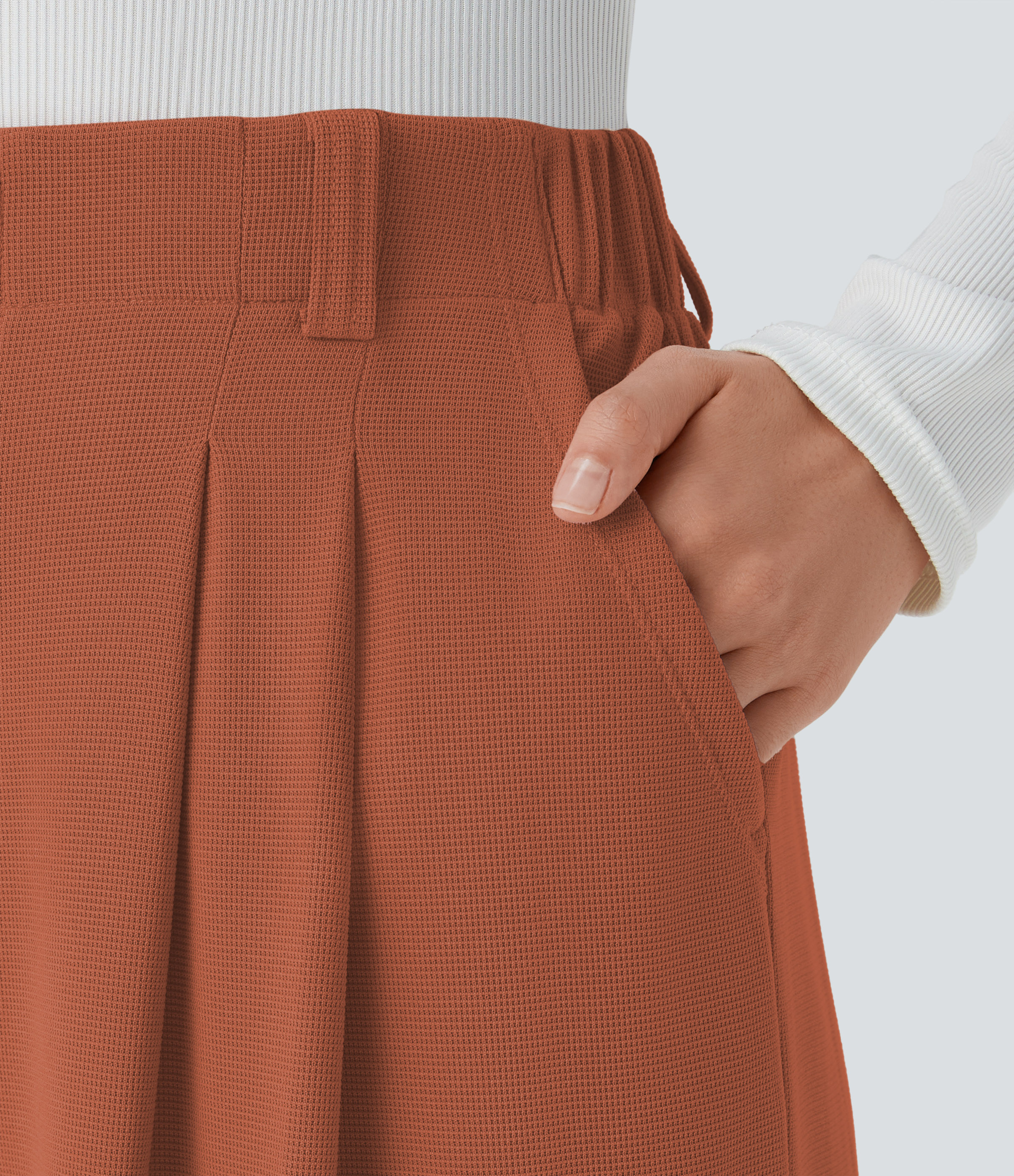 Picante High-Waisted Pleated Wide-Leg Waffle Work Pants with Pockets - 4
