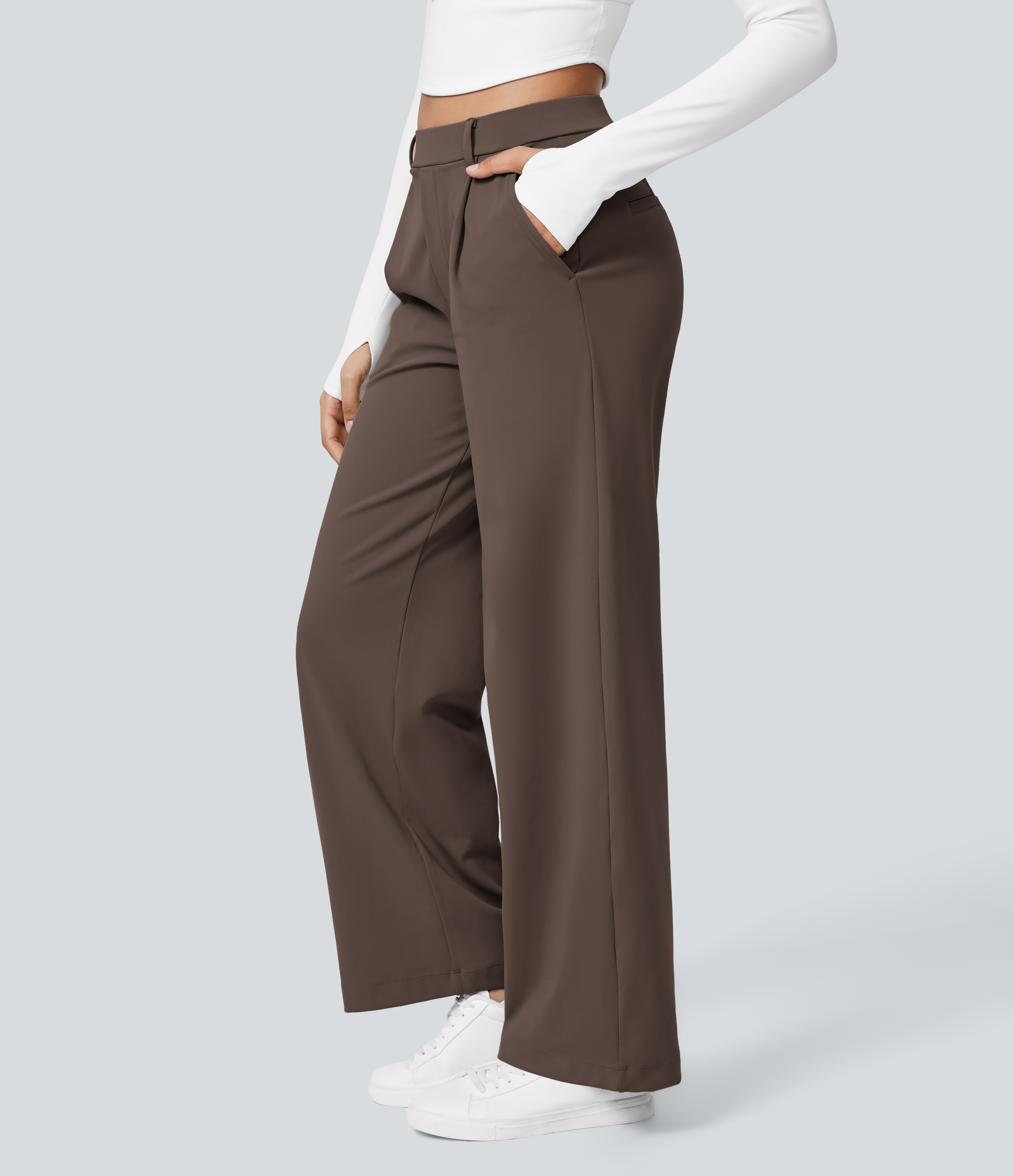 Chocolate Martini High Waisted Pleated Straight Leg Work Pants with Pockets - 3