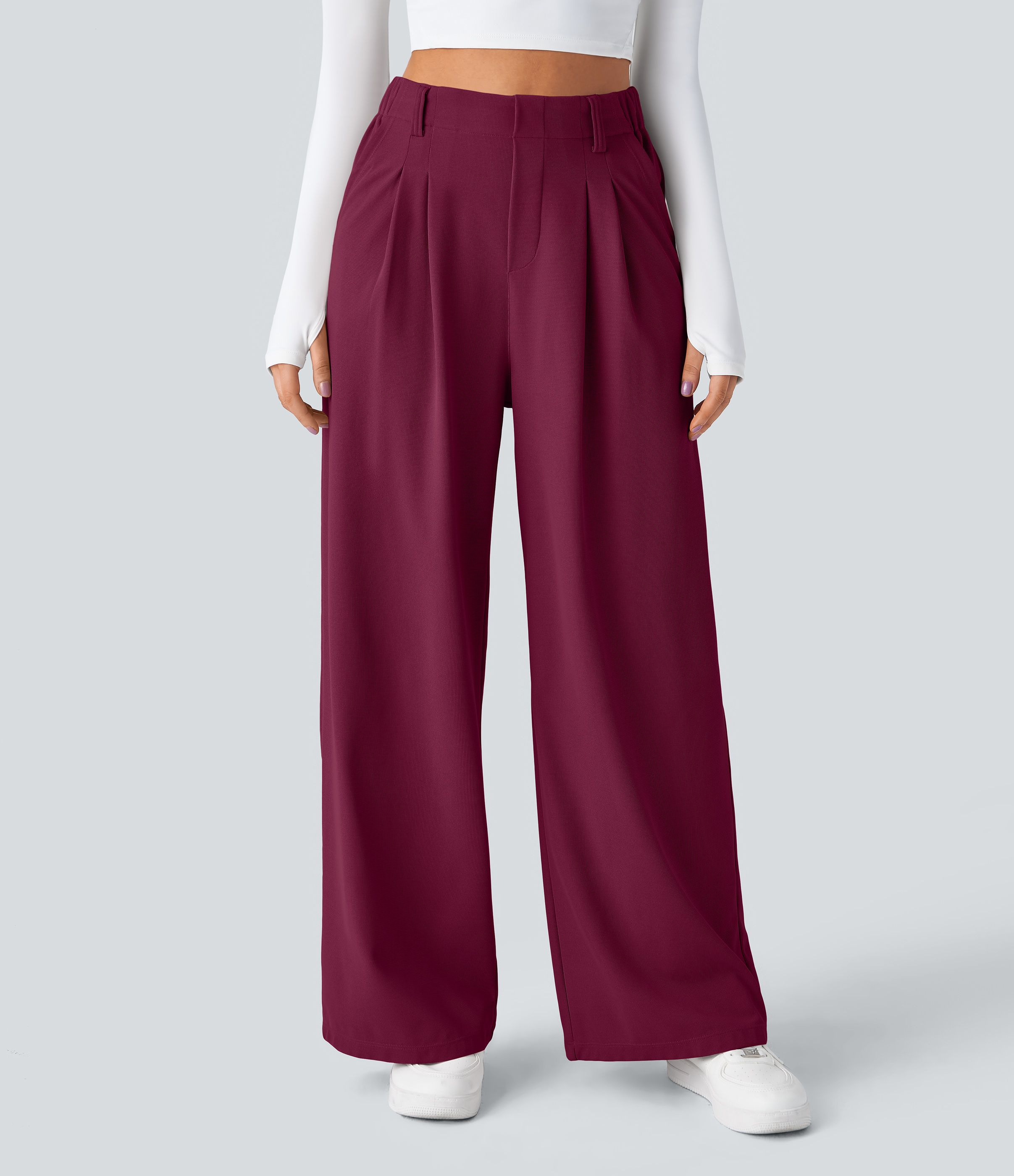 Anemone High-Waisted Pleated Wide-Leg Waffle Work Pants with Pockets - 3