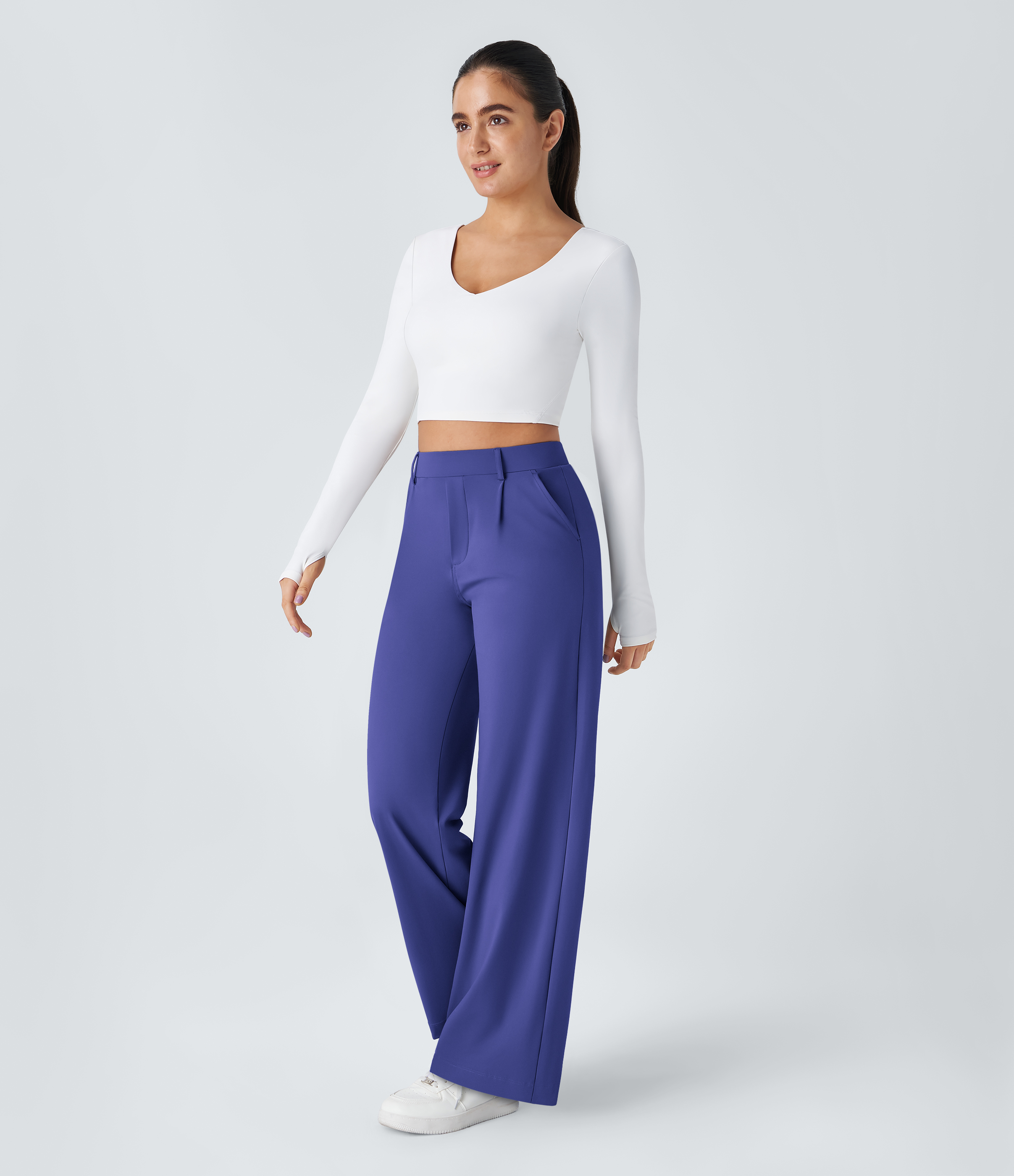 Royal Blue High Waisted Pleated Straight Leg Work Pants with Pockets - 6