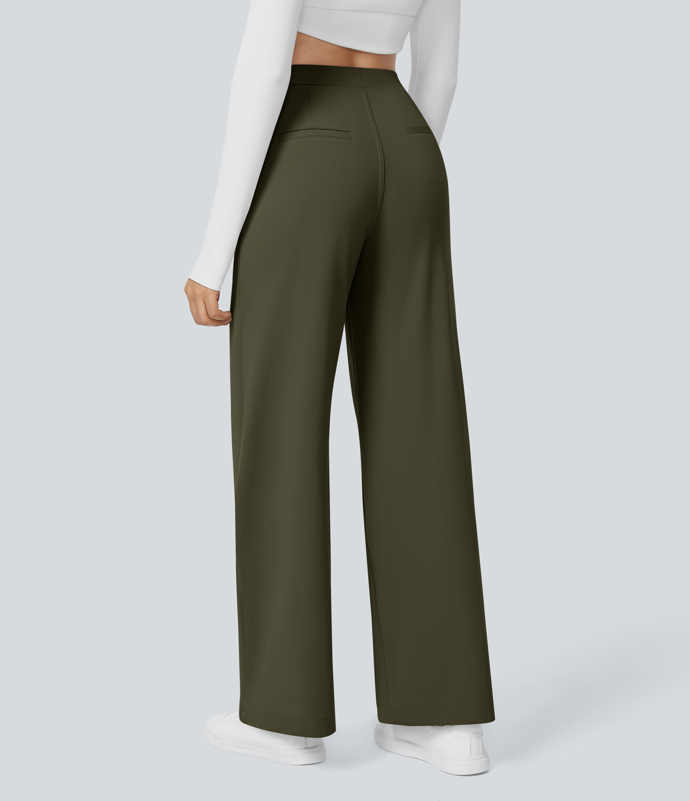 Forest Night High Waisted Pleated Straight Leg Work Pants with Pockets - 1