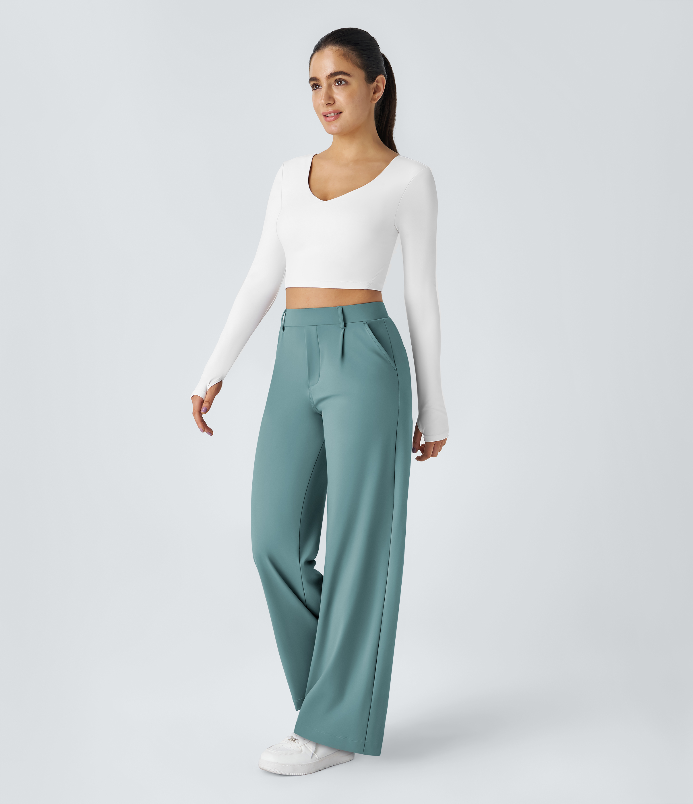 Arctic High Waisted Pleated Straight Leg Work Pants with Pockets - 6