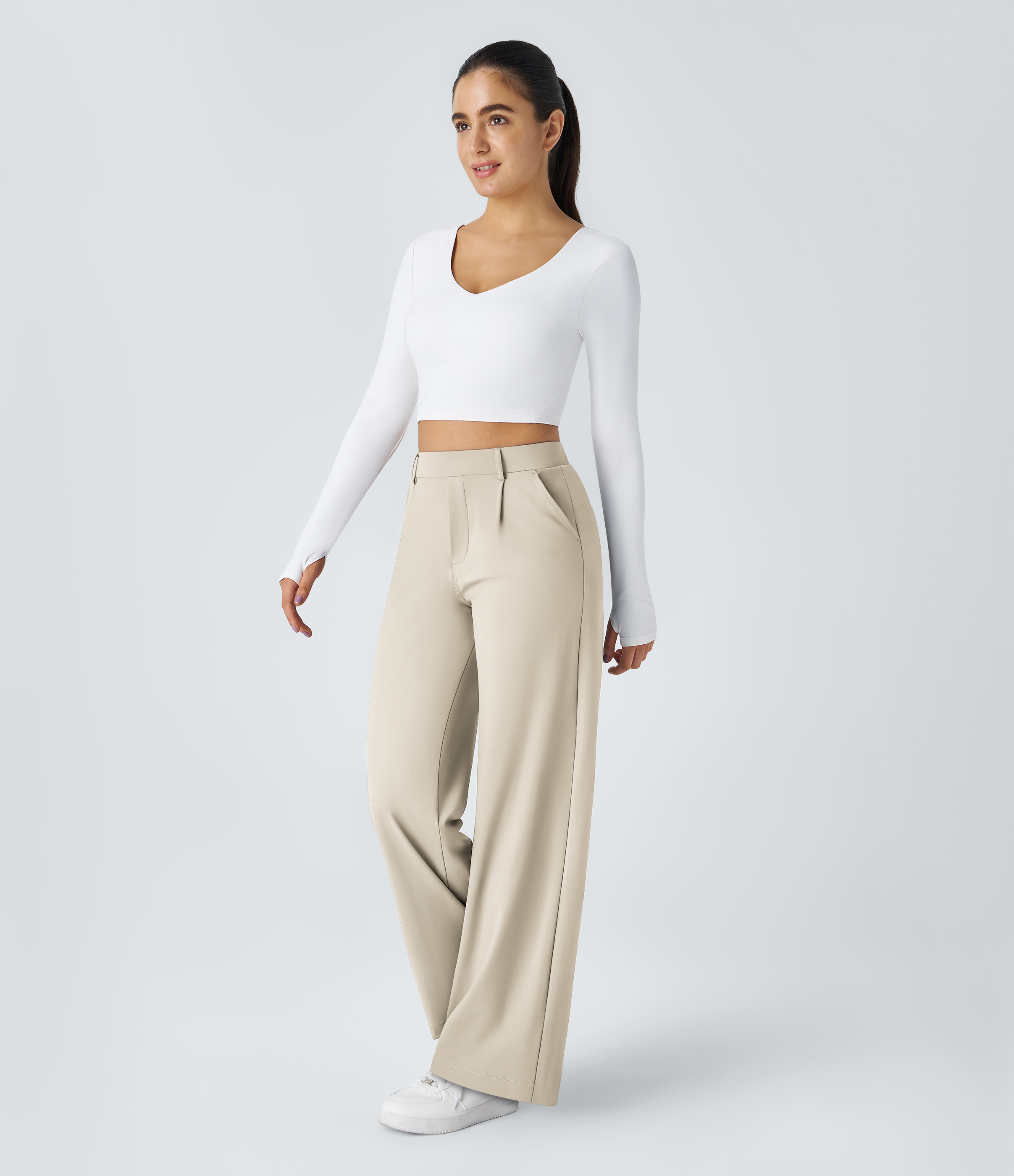 Oat Milk High Waisted Pleated Straight Leg Work Pants with Pockets - 6