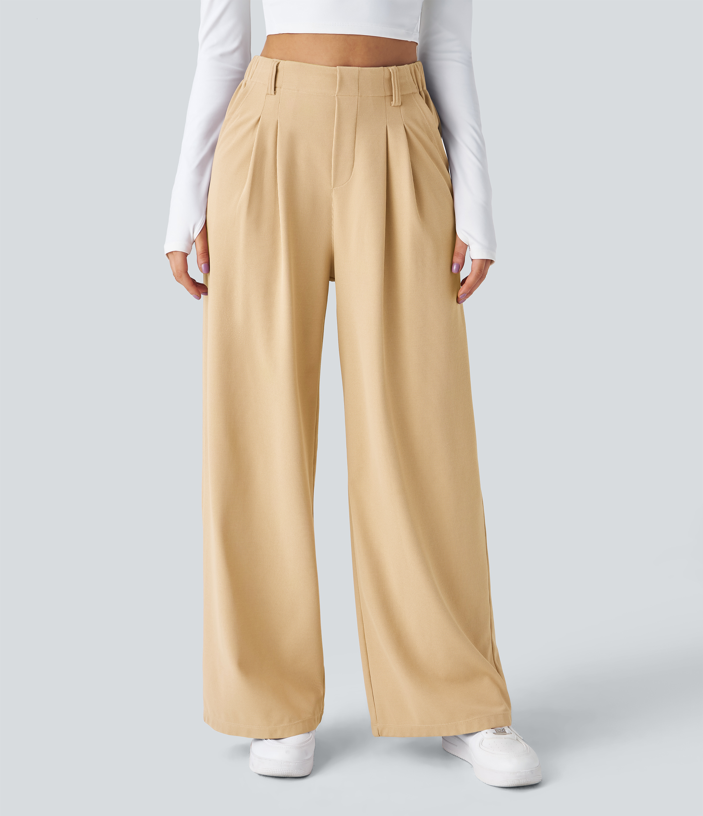 Mellow Buff High-Waisted Pleated Wide-Leg Waffle Work Pants with Pockets - 3