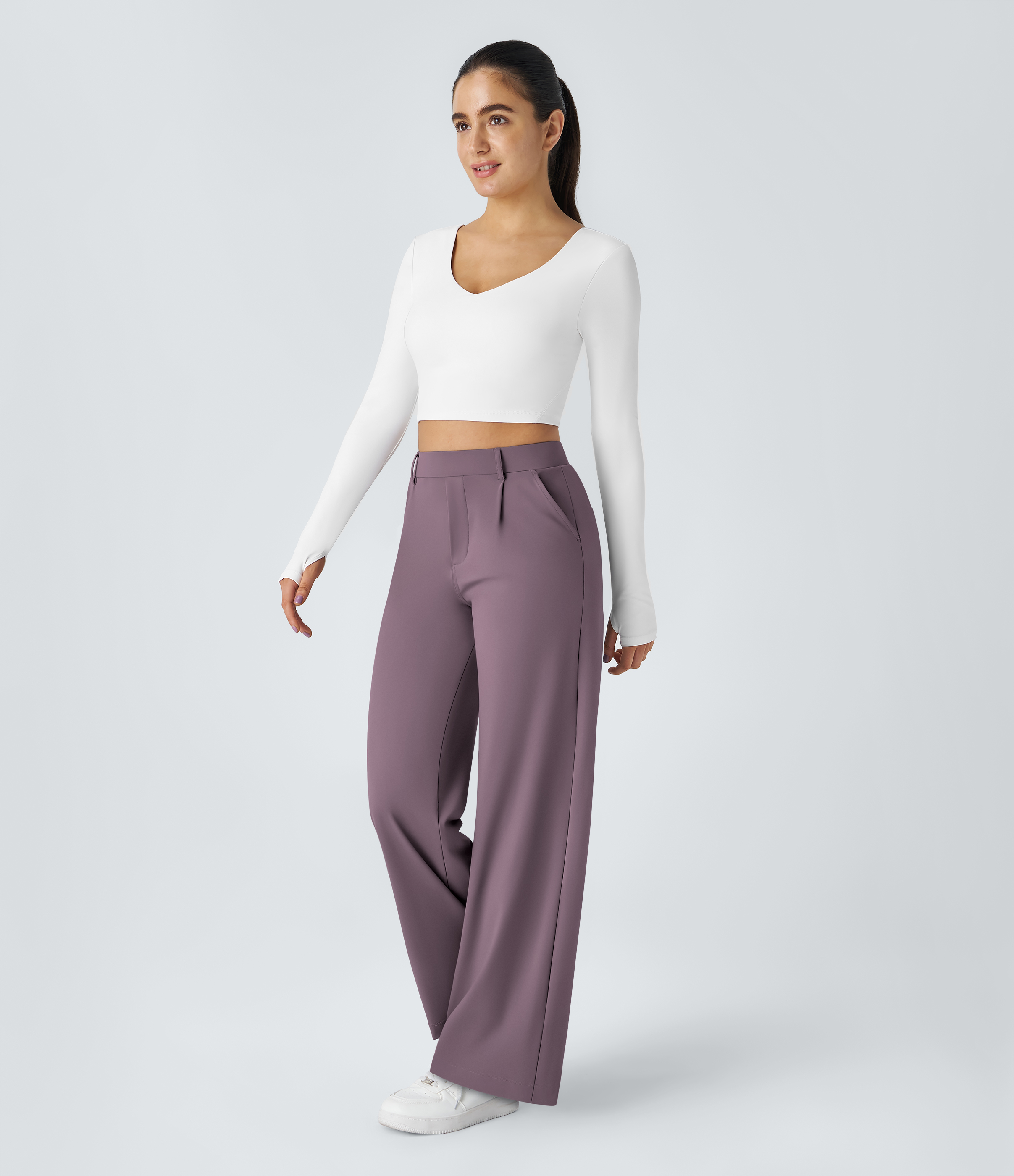 Nebula Purple High Waisted Pleated Straight Leg Work Pants with Pockets - 6