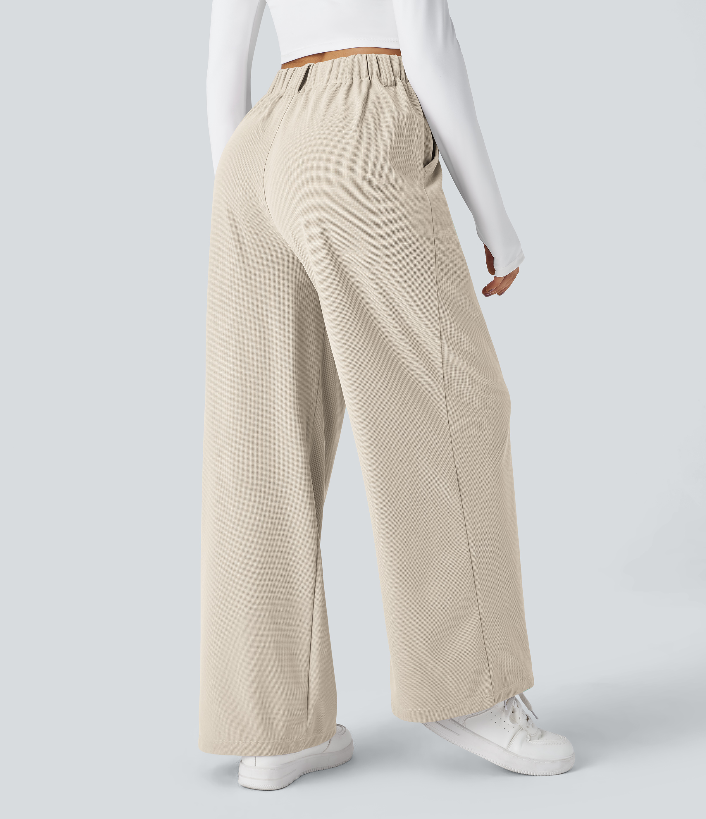 Buttermilk White High-Waisted Pleated Wide-Leg Waffle Work Pants with Pockets - 2