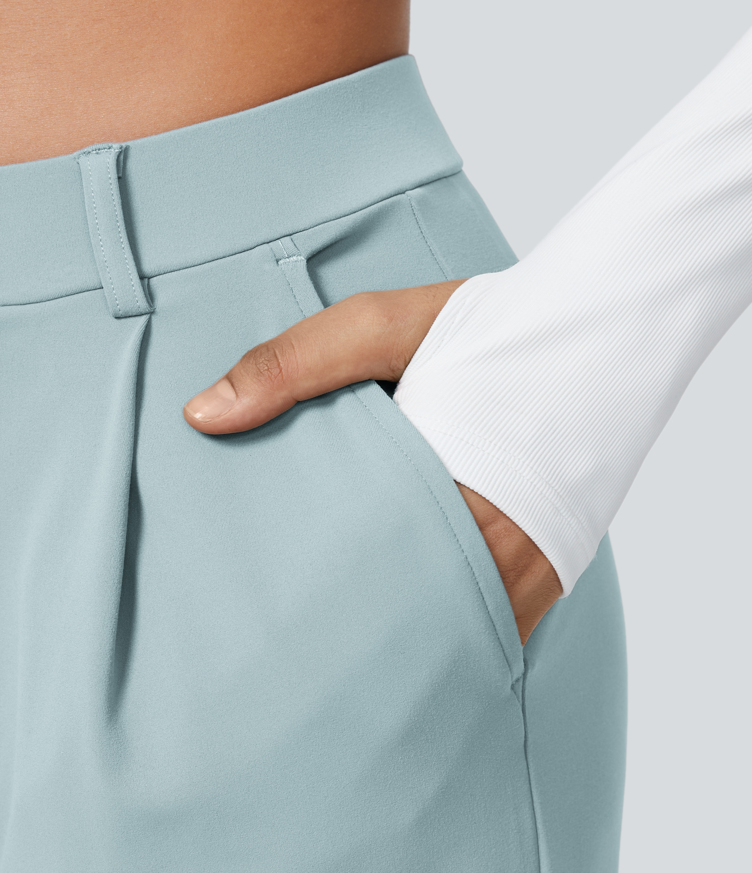 Baby Blue High Waisted Pleated Straight Leg Work Pants with Pockets - 5