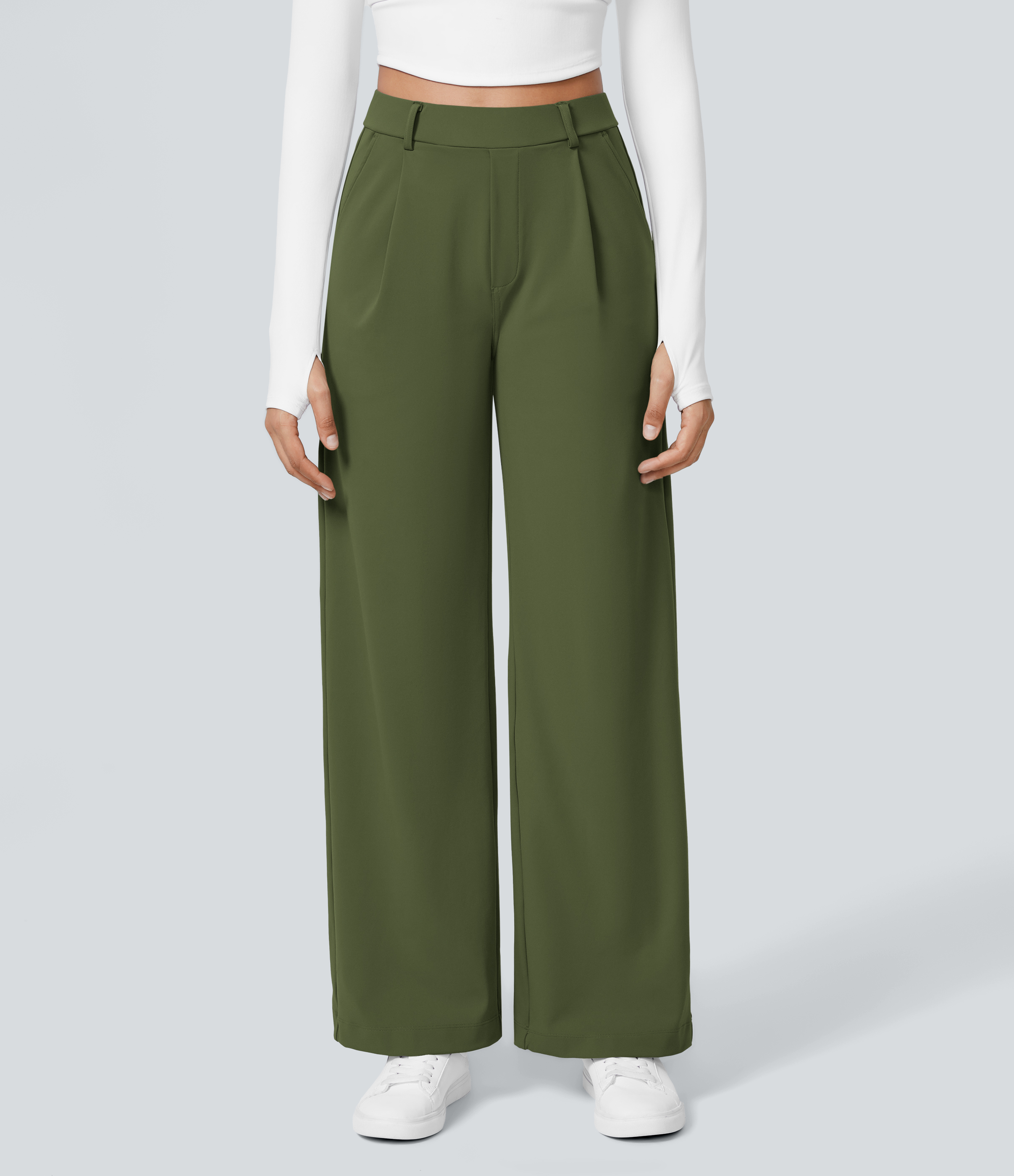 Chive High Waisted Pleated Straight Leg Work Pants with Pockets - 2