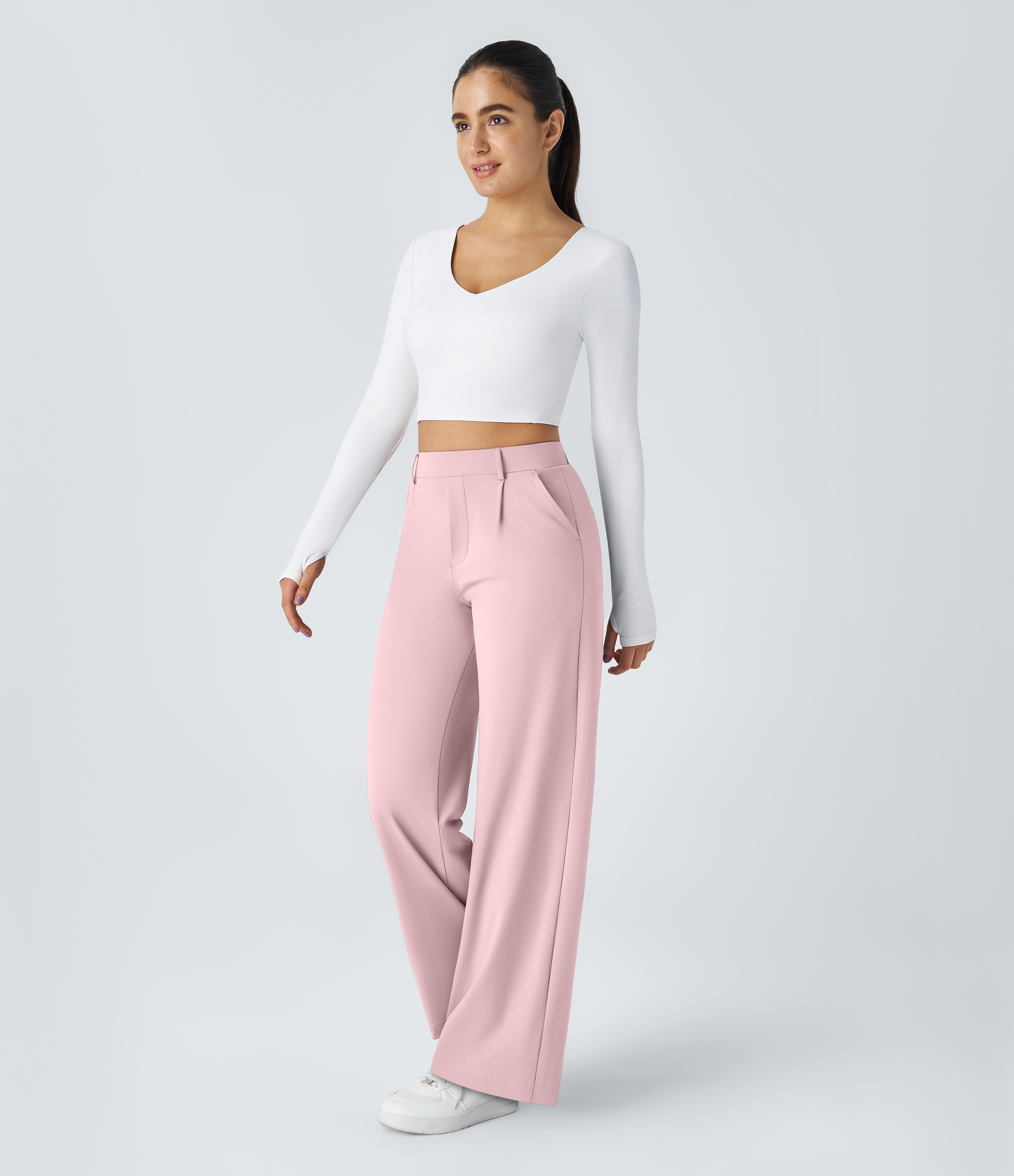 Primrose Pink High Waisted Pleated Straight Leg Work Pants with Pockets - 6