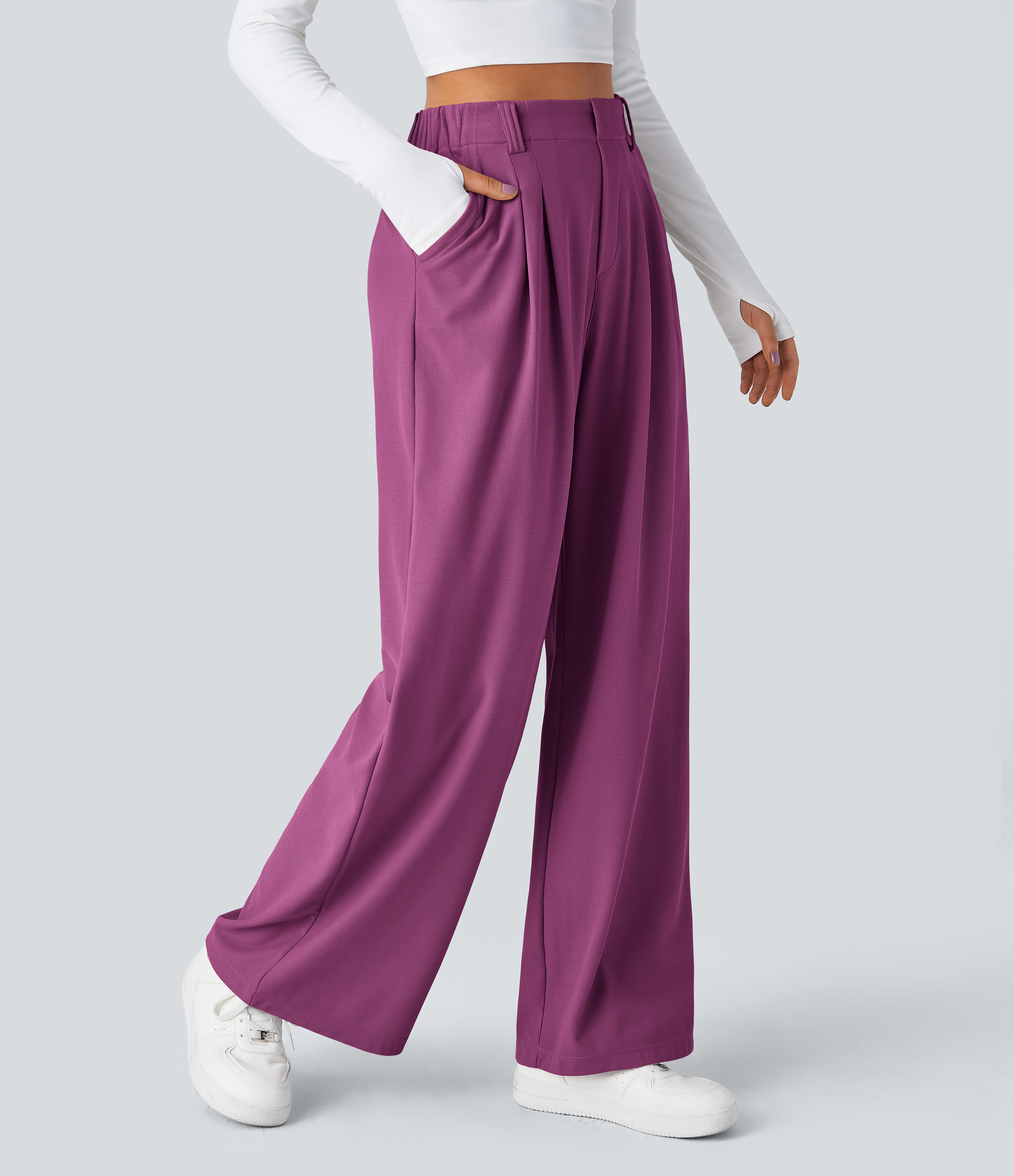 Meadow Mauve High-Waisted Pleated Wide-Leg Waffle Work Pants with Pockets - 1