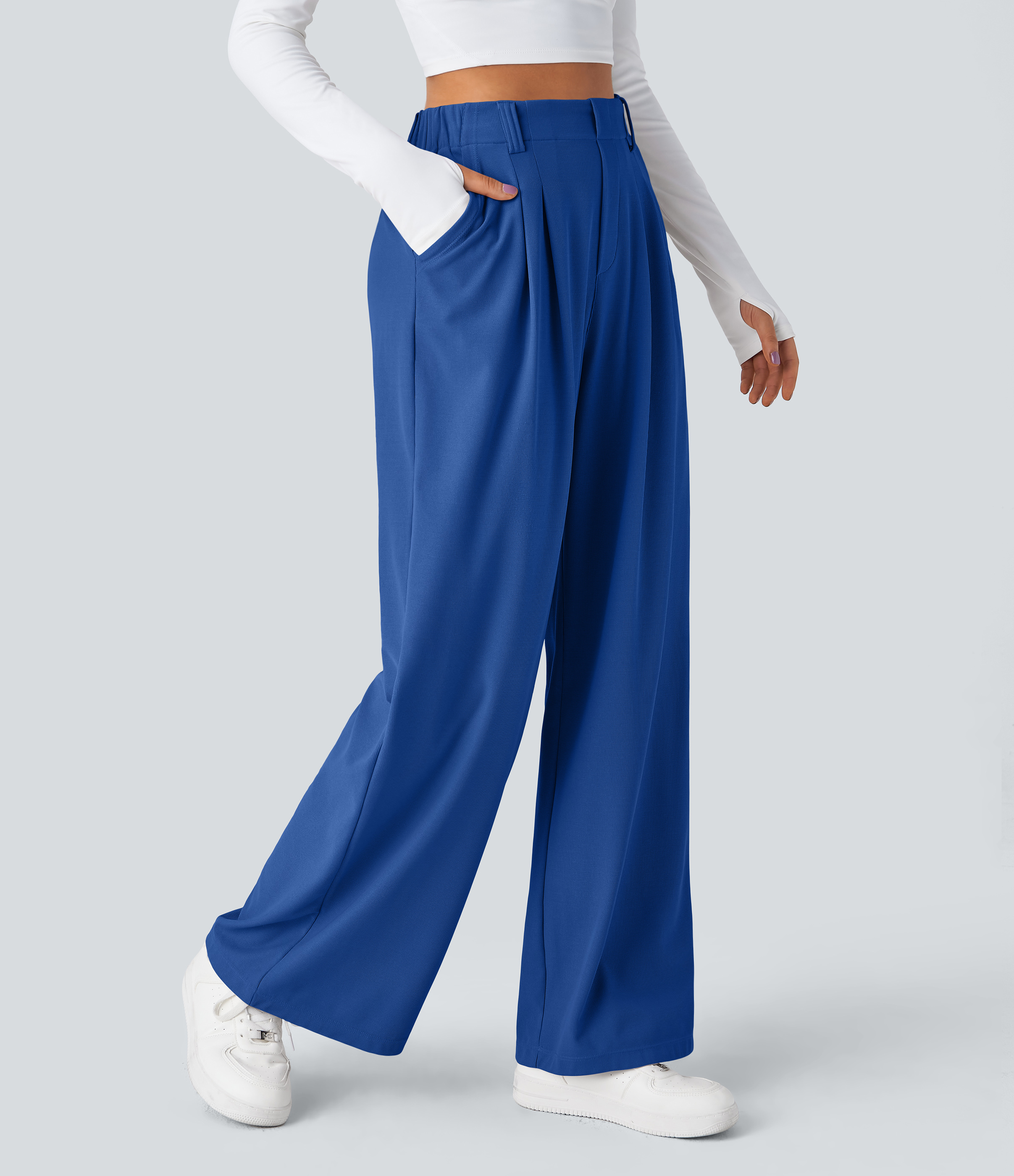 Deep Sapphire Blue High-Waisted Pleated Wide-Leg Waffle Work Pants with Pockets - 1