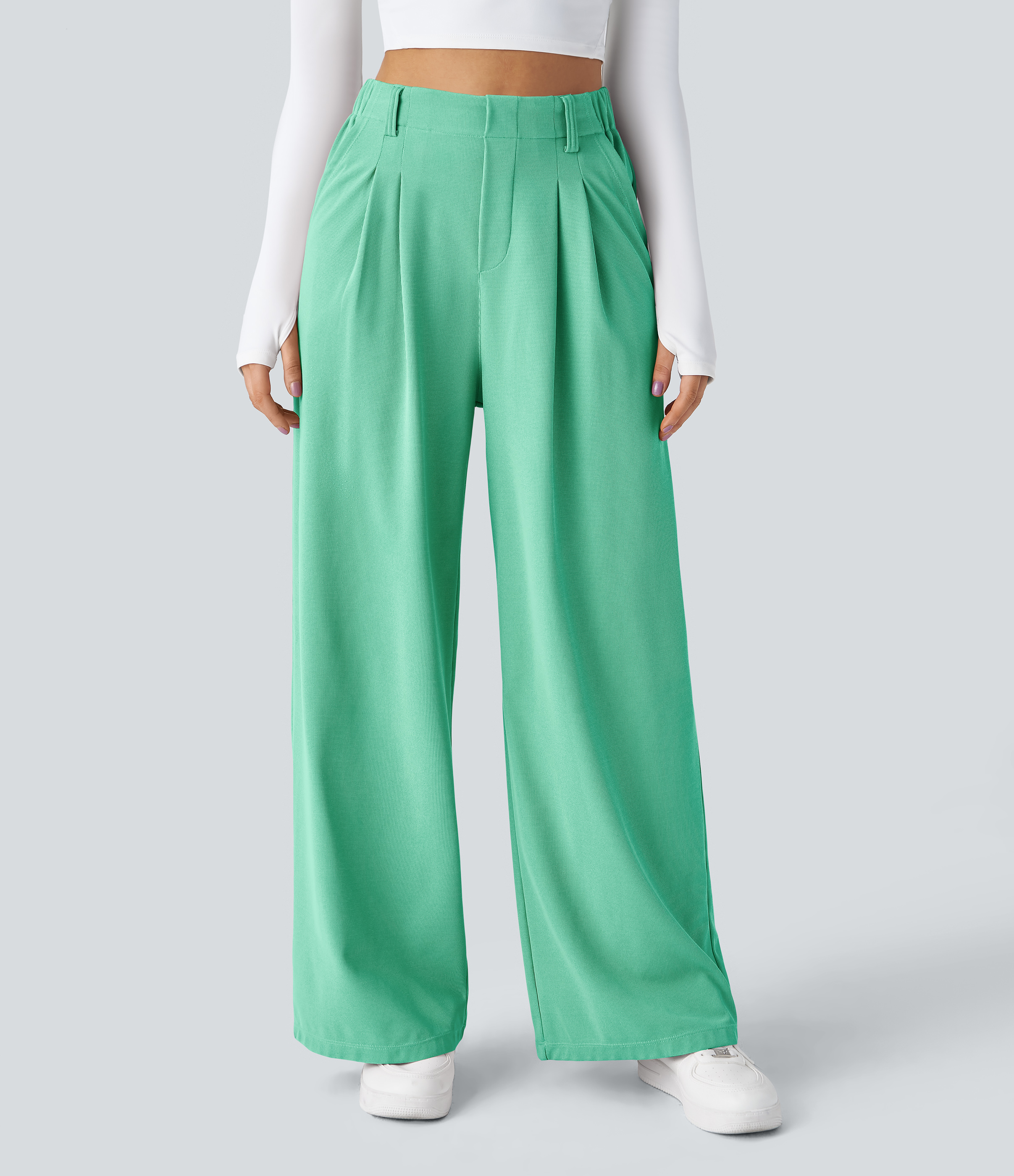 Light Sea Green High-Waisted Pleated Wide-Leg Waffle Work Pants with Pockets - 3