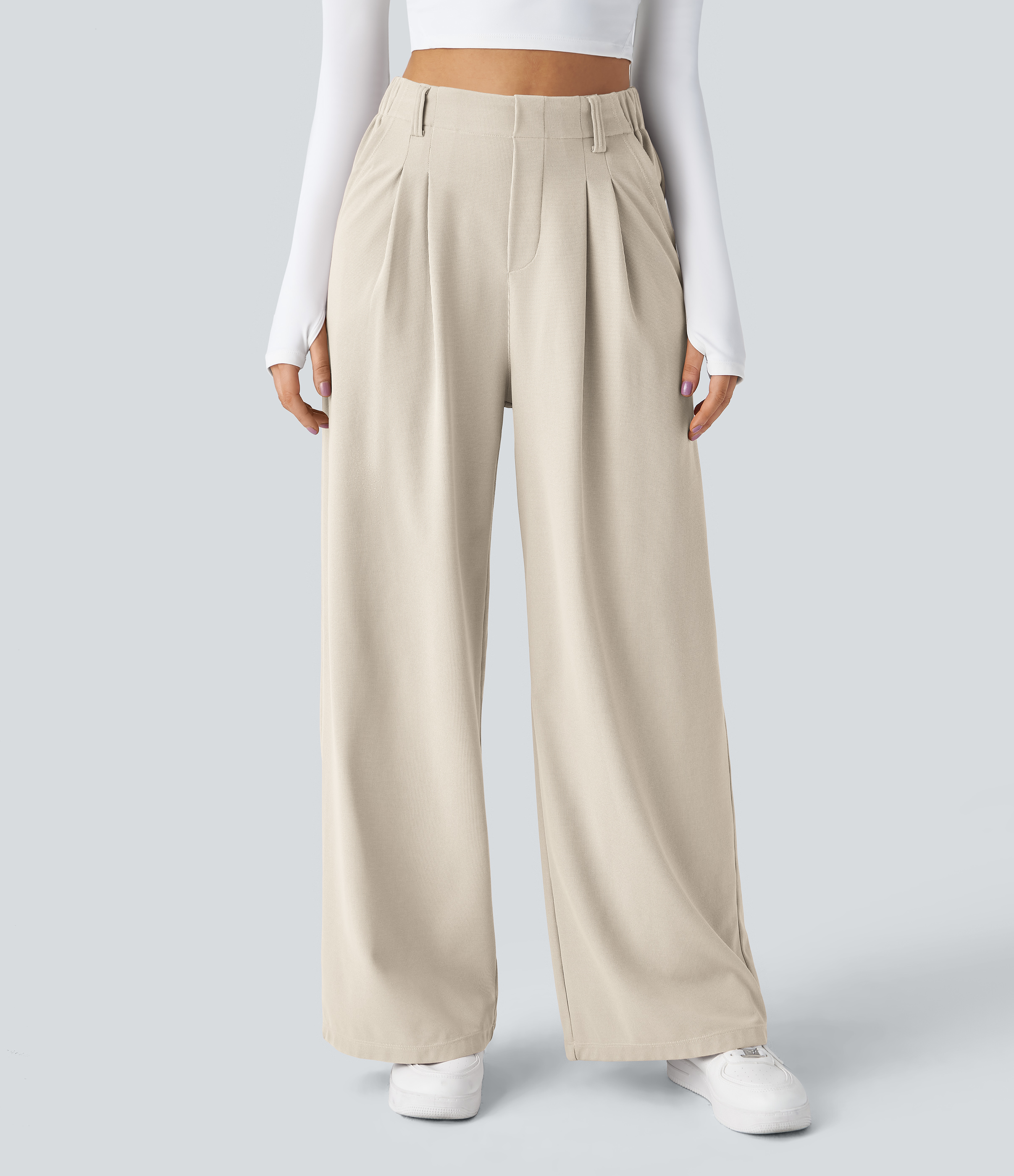 Buttermilk White High-Waisted Pleated Wide-Leg Waffle Work Pants with Pockets - 3