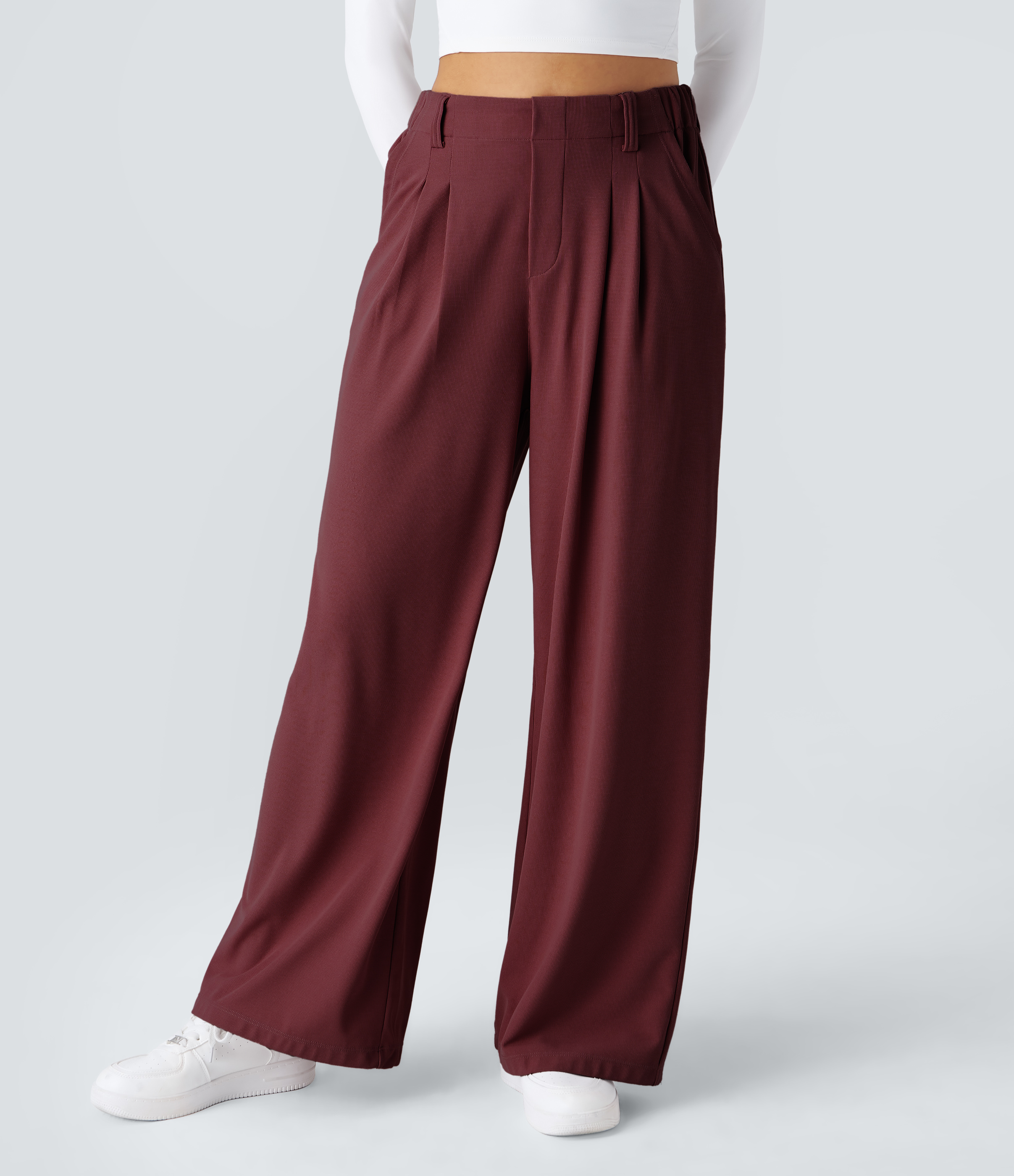 New Maroon High-Waisted Pleated Wide-Leg Waffle Work Pants with Pockets - 4