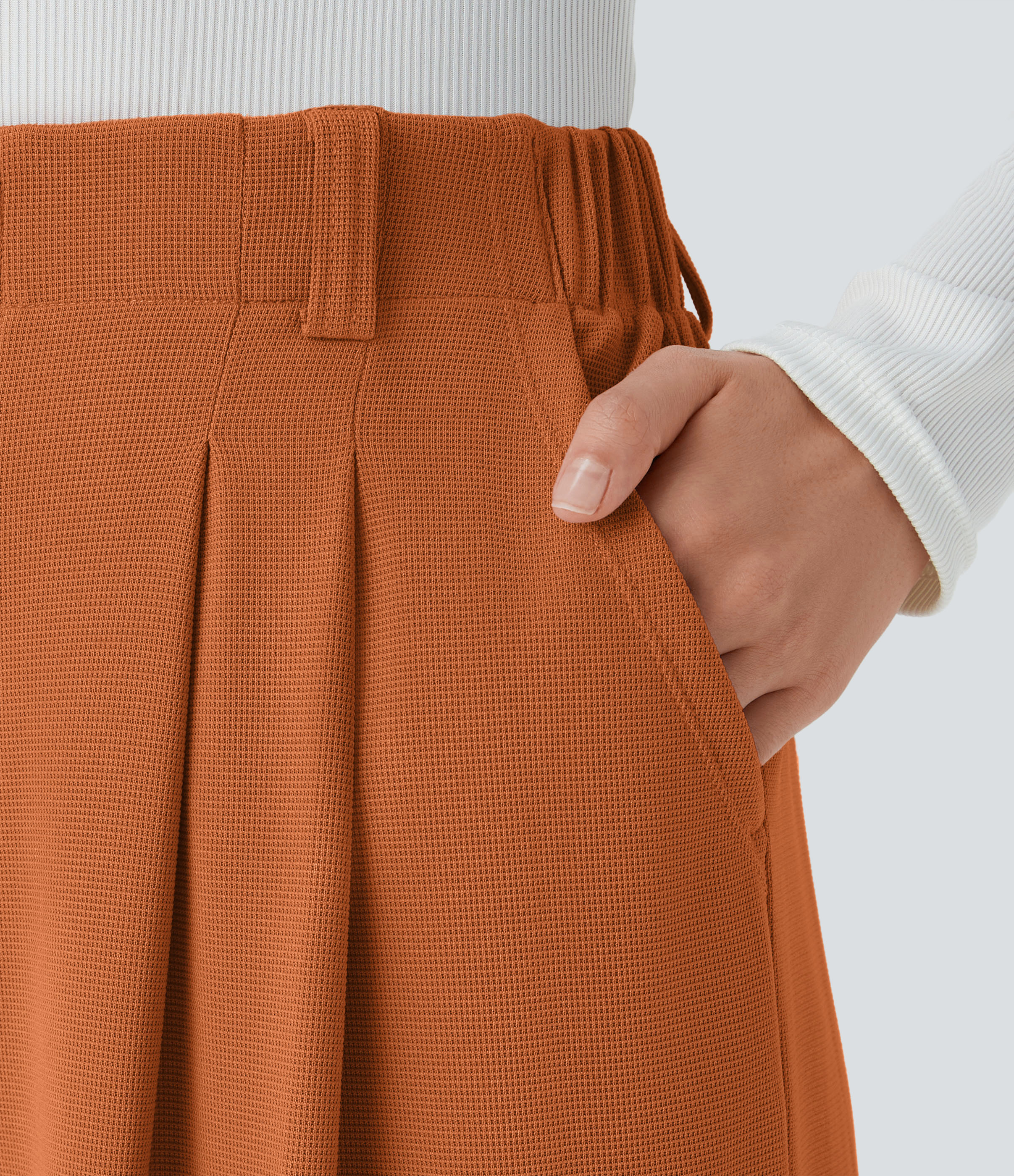 Apricot Orange High-Waisted Pleated Wide-Leg Waffle Work Pants with Pockets - 4