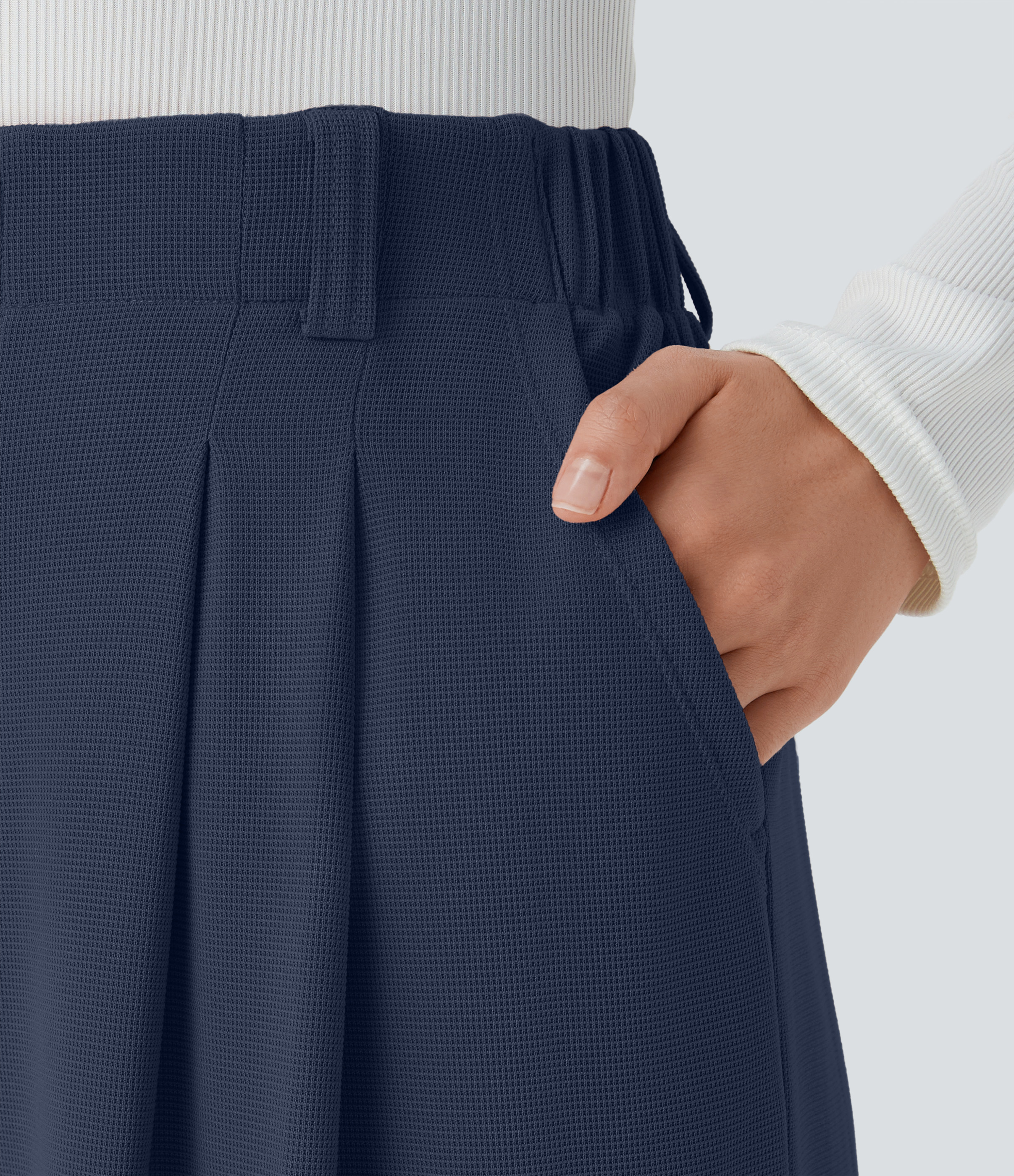 Harbor Ink High-Waisted Pleated Wide-Leg Waffle Work Pants with Pockets - 4