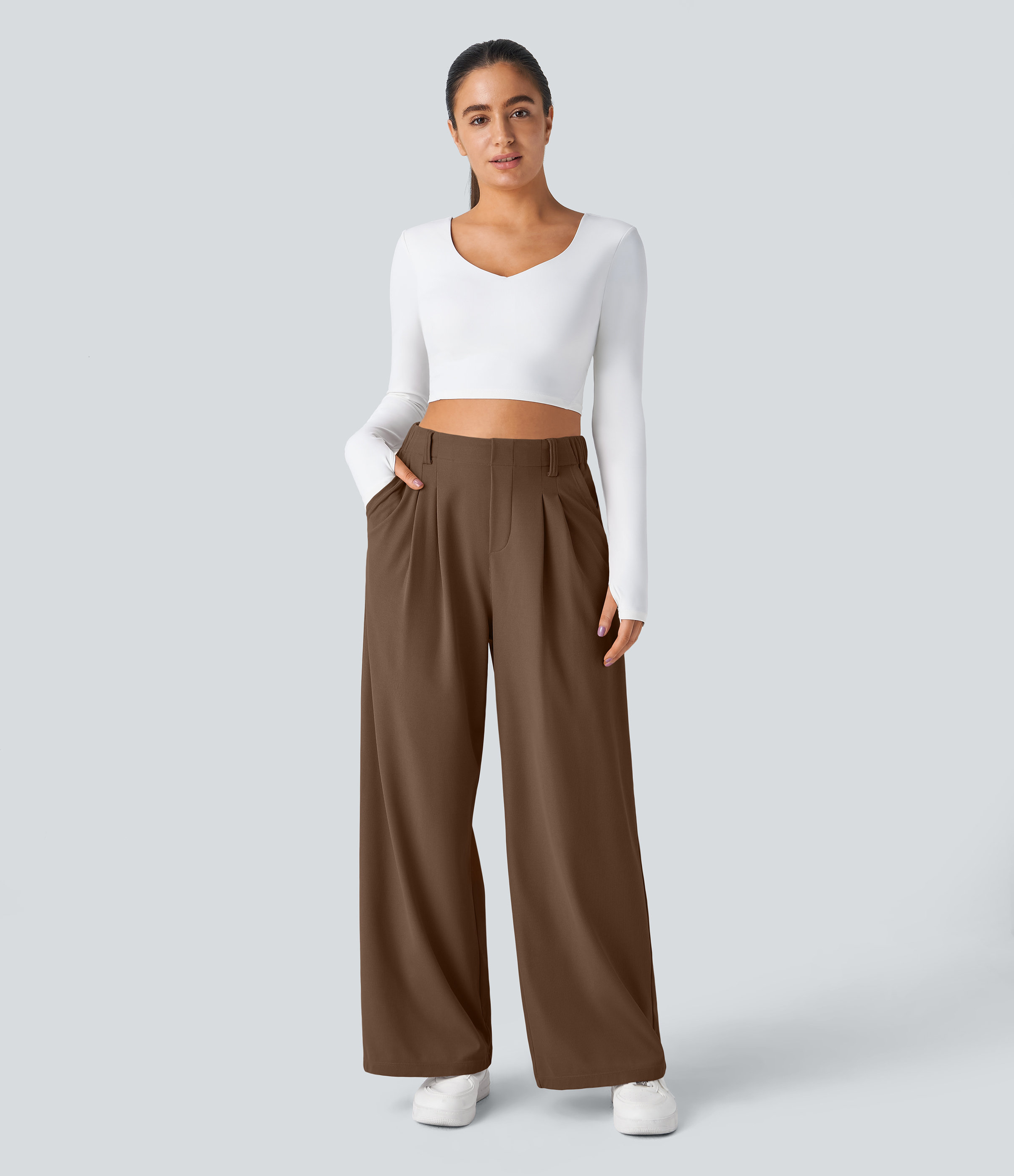 Partridge High-Waisted Pleated Wide-Leg Waffle Work Pants with Pockets - 5