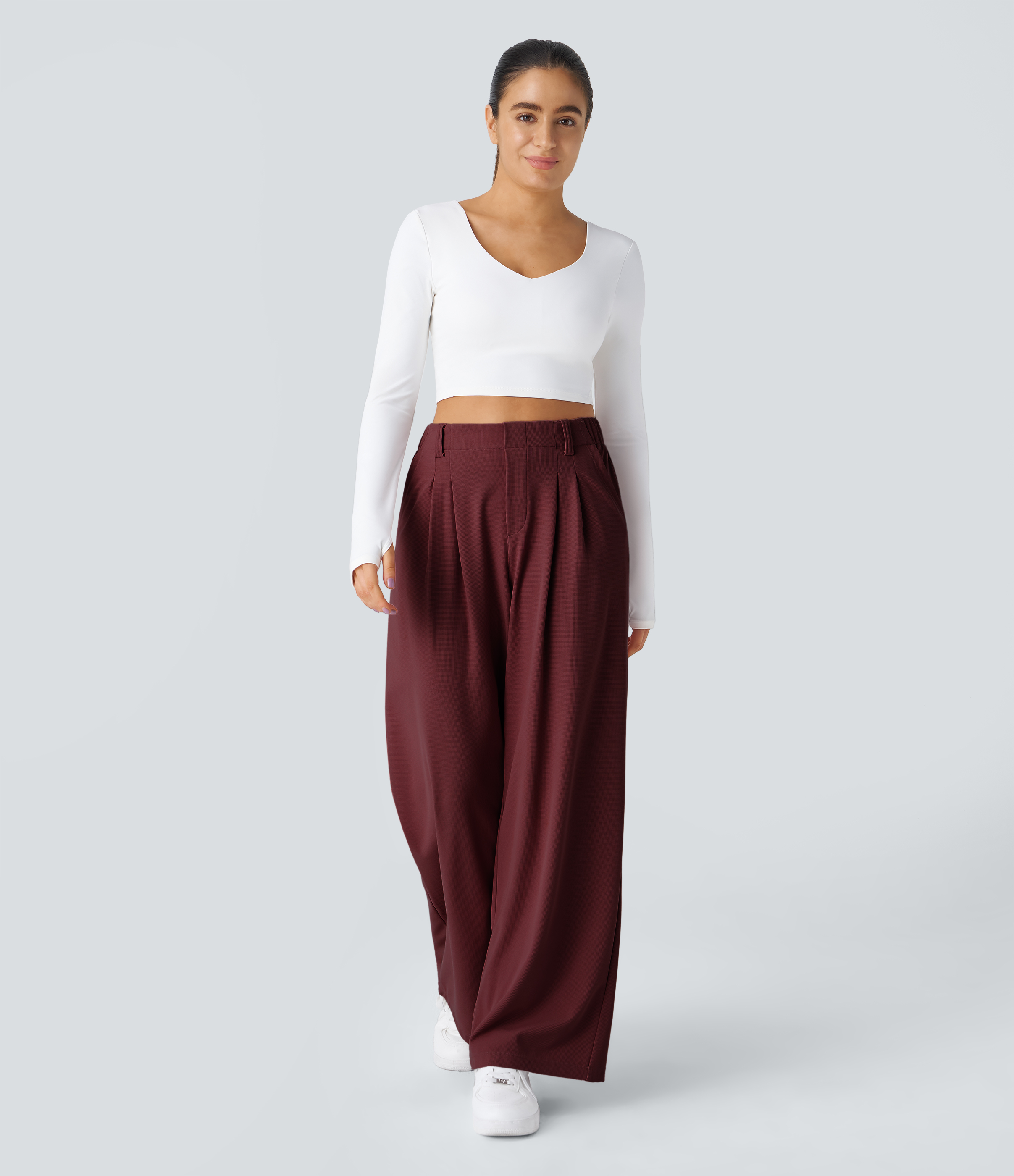 New Maroon High-Waisted Pleated Wide-Leg Waffle Work Pants with Pockets - 5