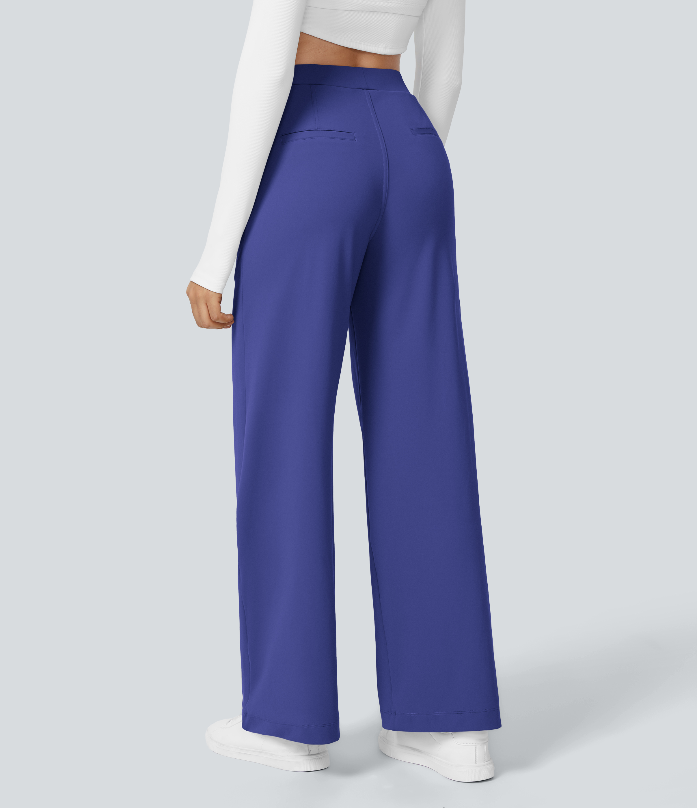 Royal Blue High Waisted Pleated Straight Leg Work Pants with Pockets - 1