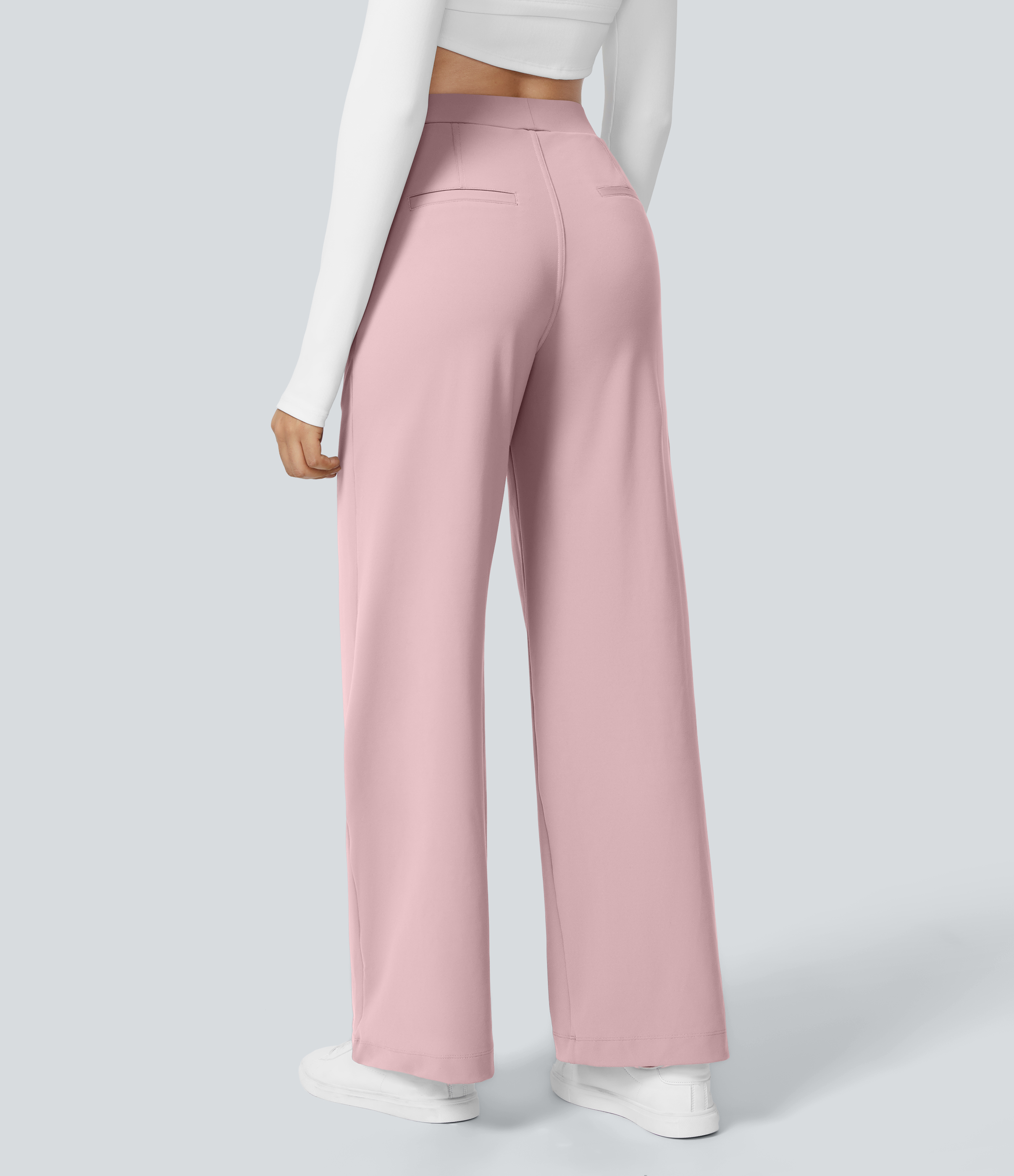 Primrose Pink High Waisted Pleated Straight Leg Work Pants with Pockets - 1