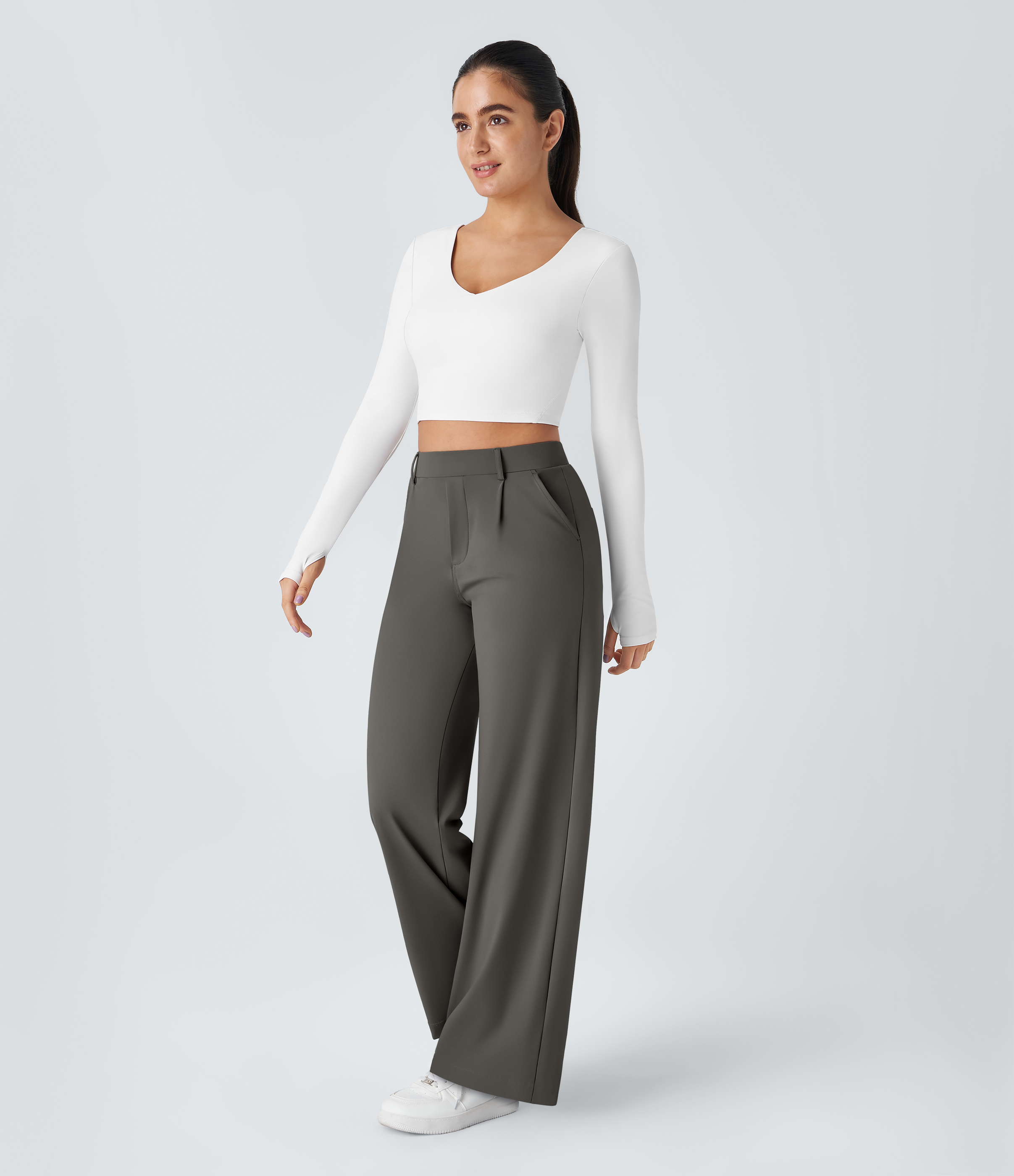 Deep Red Grey High Waisted Pleated Straight Leg Work Pants with Pockets - 6