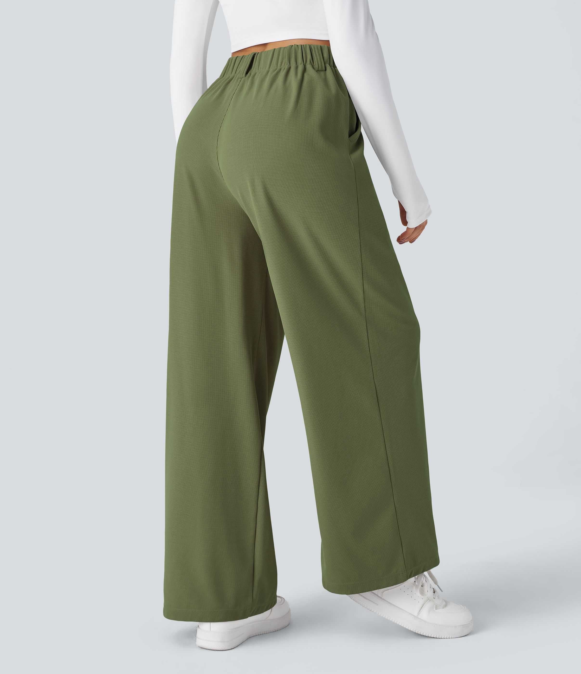 Loden Green High-Waisted Pleated Wide-Leg Waffle Work Pants with Pockets - 2
